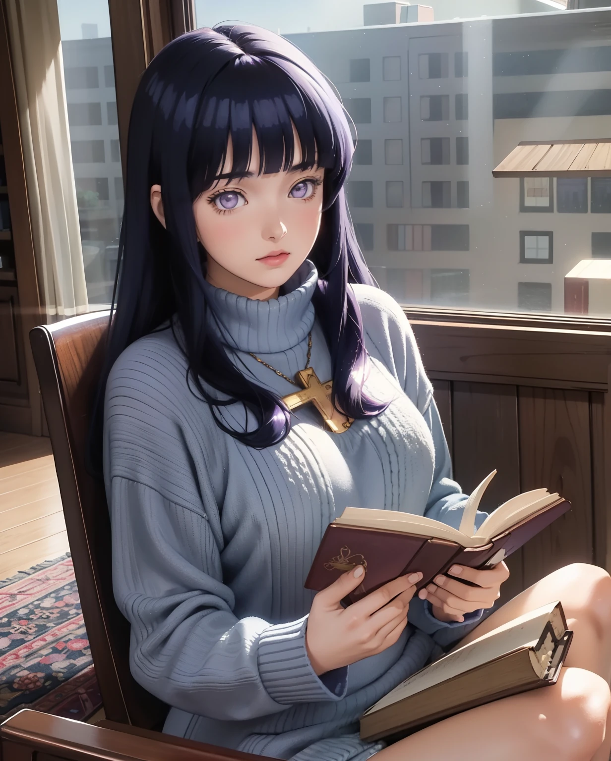 (masterpiece, 1980's anime illustration:1.1), sweet girl with long dark blue hair wearing oversized knit sweater, sitting cross-legged on floor of bookshop, open book in lap, reading intently, surrounded by stacks of old books, afternoon sun streaming in through window, illuminating floating dust in air, creating a cozy atmosphere, detailed old bindings on books, patterned rug on hardwood floor, retro anime style, warm lighting,Blunt Bangs, purple eyes, long dark blue hair