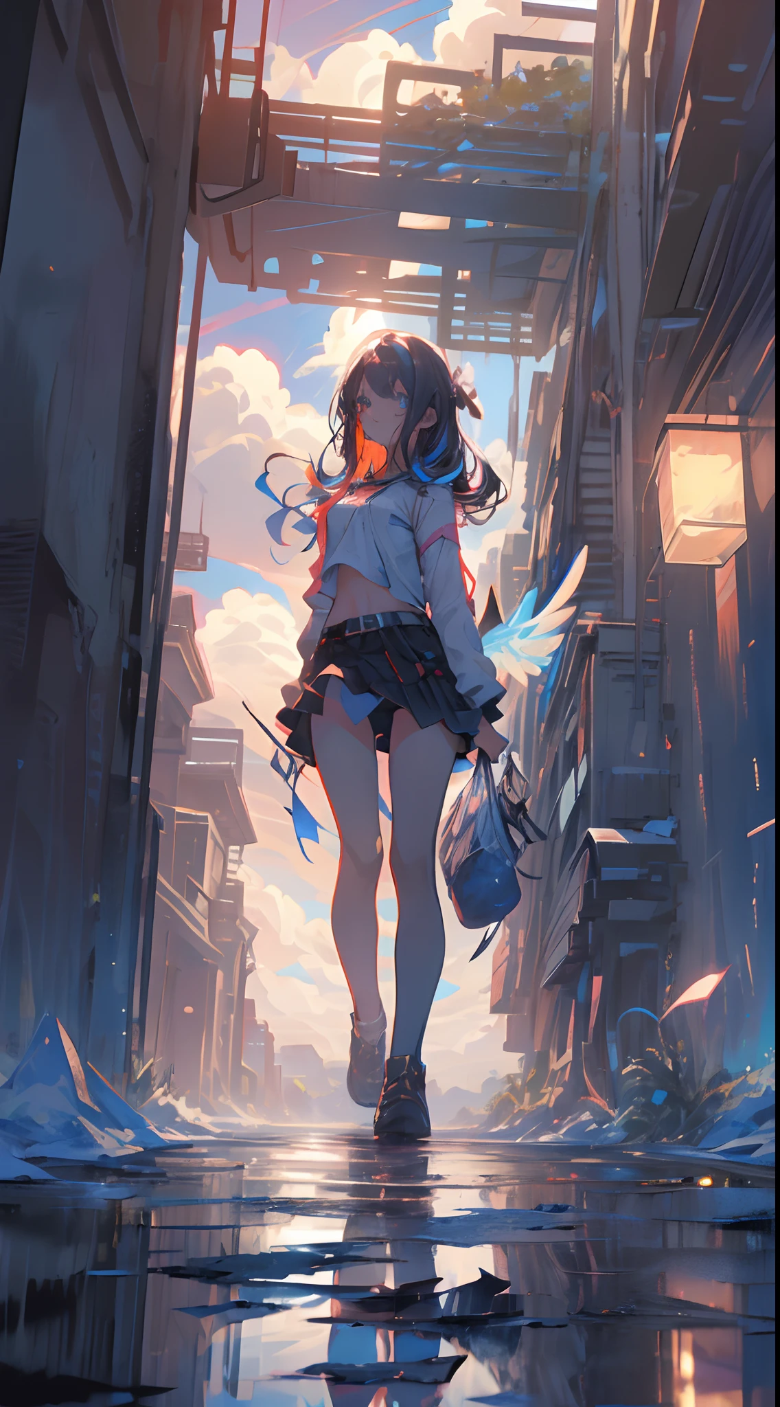 (masterpiece), best quality, a angel in the sky, she is steping on a lake, sky reflections, reflections, magic, fantasy, gorgeous, heave, ((the lake and the sky merge in the horizont, full body)), angel, angel wings, red haired,long hair,cute, bra, (full body), blue eyes, black underwears, sensual, (glowing eyes), asthetic,style, stylish, happy,pure, divine, smile, superior, earings, wallpaper, 4k, wall, cool, sexy, matching underwears, defined abdomen, sexy, belt, black panty, black bra, feets on lake, perfect face, expressive eyes, backlight, BREAK reflections on the ground, blue sky, beautiful sky, gorgeous, clouds, crisp, heaven, heavenly, amaing clouds, stunning view, breath taking, pure sky, clean horizont BREAK she is using a black bra, she is wearing a black panties, she has angel wings, she is cute, she is angelic, she is standing, BREAK a beautiful sky, the clouds are soft, the image transmit a pure feeling and a relaxing sensation, the ground has reflections of the sky, is a fantasy image,