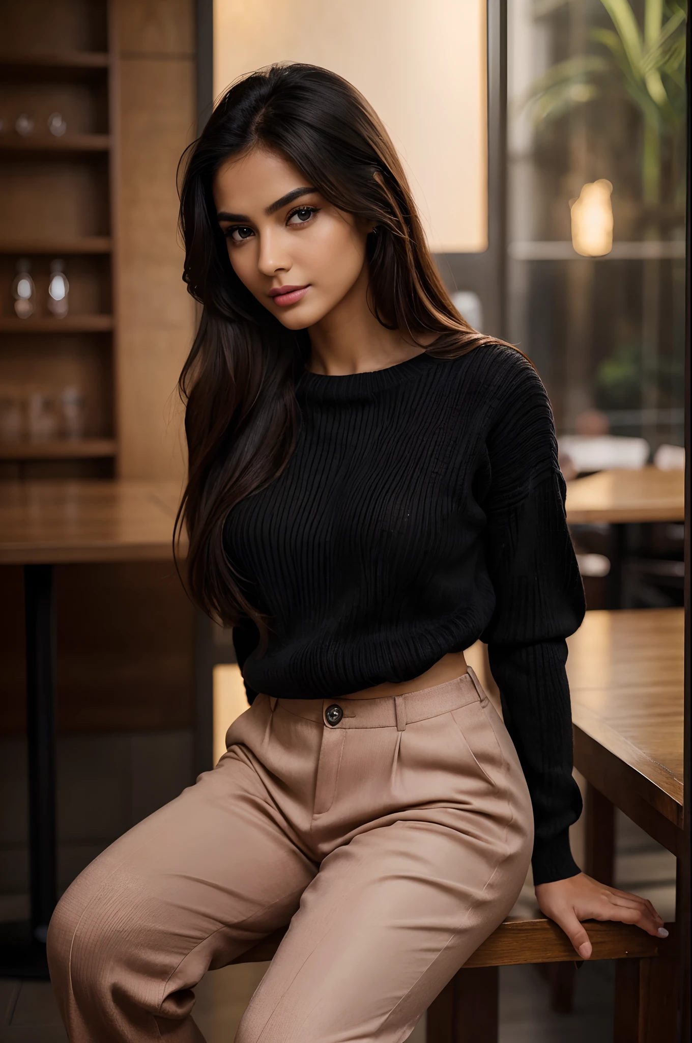 (full body:1.5),(1girl:1.5), Wide field of view Long shot Full-length body from head to toes of the whole figure of an exotic girl, indian, a young beautiful girl, 21y old girl who talls 5'10", Portrait of an exotic indian girl, (wearing black jumper and trouser), black hair, detailed skin, slender toned body, soft cinematic light, (perfect anatomy),(detailed eyebrows, beautiful eyes, realistic skin, detailed face:1. 3) detailed skin, ((wearing black jumper and trouser)), graceful body structure, shining skin, perfect lighting, the embodiment of grace and elegance, (Small Tits:0.1), clear curvy details, beautiful curves, hazel eyes, detailed eyes, detailed pupil, Ultra Detailed, unity 8k wallpaper, ultra detailed, aesthetic, masterpiece, best quality, photorealist,(highly detailed face:1.4) (smile:0.9), (dominant pink sexy lips), (pink lips), lip gloss, glossy lips, juicy lips, (pink sexy lips),(makeup), (shiny lips), rich colors ,hyper realistic ,lifelike texture, dramatic lighting,cinestill 800,ic, (photorealistic), (detailed eyes:1. 4), long hair, floating hair, realistic, very dark tan supermodel, with dark complexion, ((extreme wide shots)), ((toes visible)), natural color, perfect viewpoint, highly detailed, hyper realistic, Instagram Influencer, Caliente en CANON R5, Incblueibly detailed intricate, Hiper maximalista, elegante, hiperrealista, Super detailed, (drinking coffee at a cafe), split into 6 different images, shot from multiple angles, volumetric lighting, sweat, Hyperrealistic, Hyperdetailed, analog style, soft lighting, masterpiece, best quality, ultra realistic, 8k, golden ratio, Intricate, High Detail, film photography, soft focus, The image, long shot, wide angle shot, shot in high resolution and a 16:9 aspect ratio, captures the subject's natural beauty and personality with stunning realism –ar 16:9 –v 5.2 –style