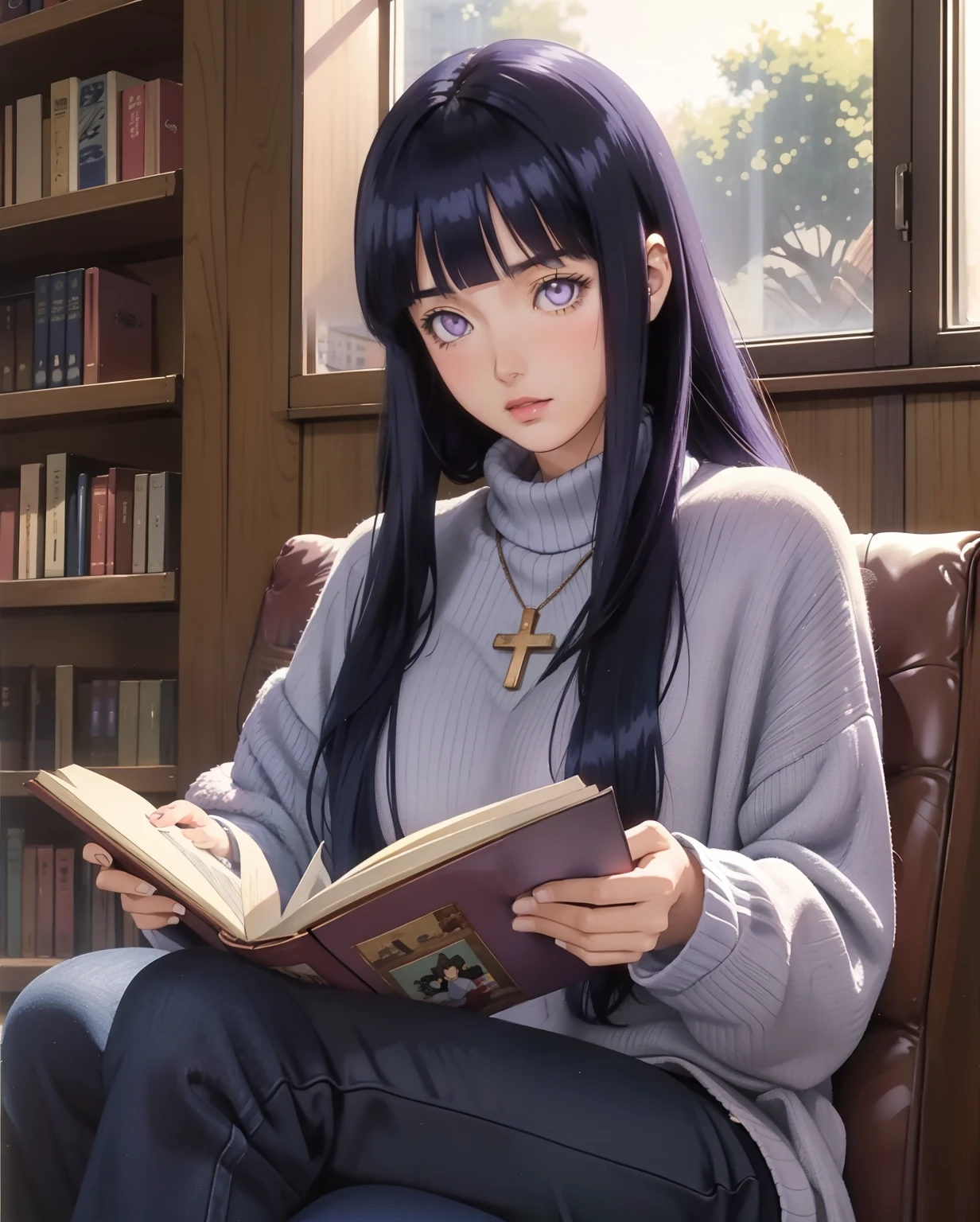 (masterpiece, 1980's anime illustration:1.1), sweet girl with long dark blue hair wearing oversized knit sweater, sitting cross-legged on floor of bookshop, open book in lap, reading intently, surrounded by stacks of old books, afternoon sun streaming in through window, illuminating floating dust in air, creating a cozy atmosphere, detailed old bindings on books, patterned rug on hardwood floor, retro anime style, warm lighting,Blunt Bangs, purple eyes, long dark blue hair