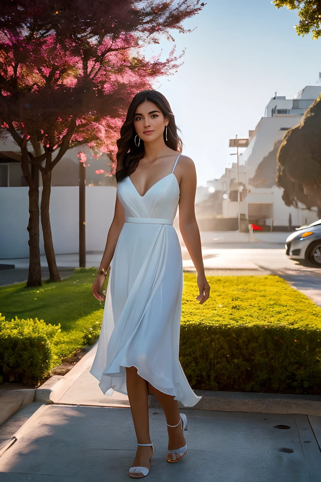 SelFie proFissional de uma linda mulher de 25 anos em roupas casual de verao com longos cabelos castanho claro com e ondulados, (( olha paquera)), sardas, beautiful symetrical face, maquiagem natural bonito, ((Standing outside on the city's Nevada Street)), deslumbrante ambiente urbano moderno de luxo, Ultra realista, arte conceitual, elegante, altamente detalhado, intrincado, foco nítido, profundidade de campo, F/1. 8, 85 millimeters, medium shot, medium shot, (centered image compositing), (profissionalmente classificado por cores), ((luz difusa suave brilhante)), volumetric mist, trending in instagram, Trending on Tumblr, HDR 4K, 8k