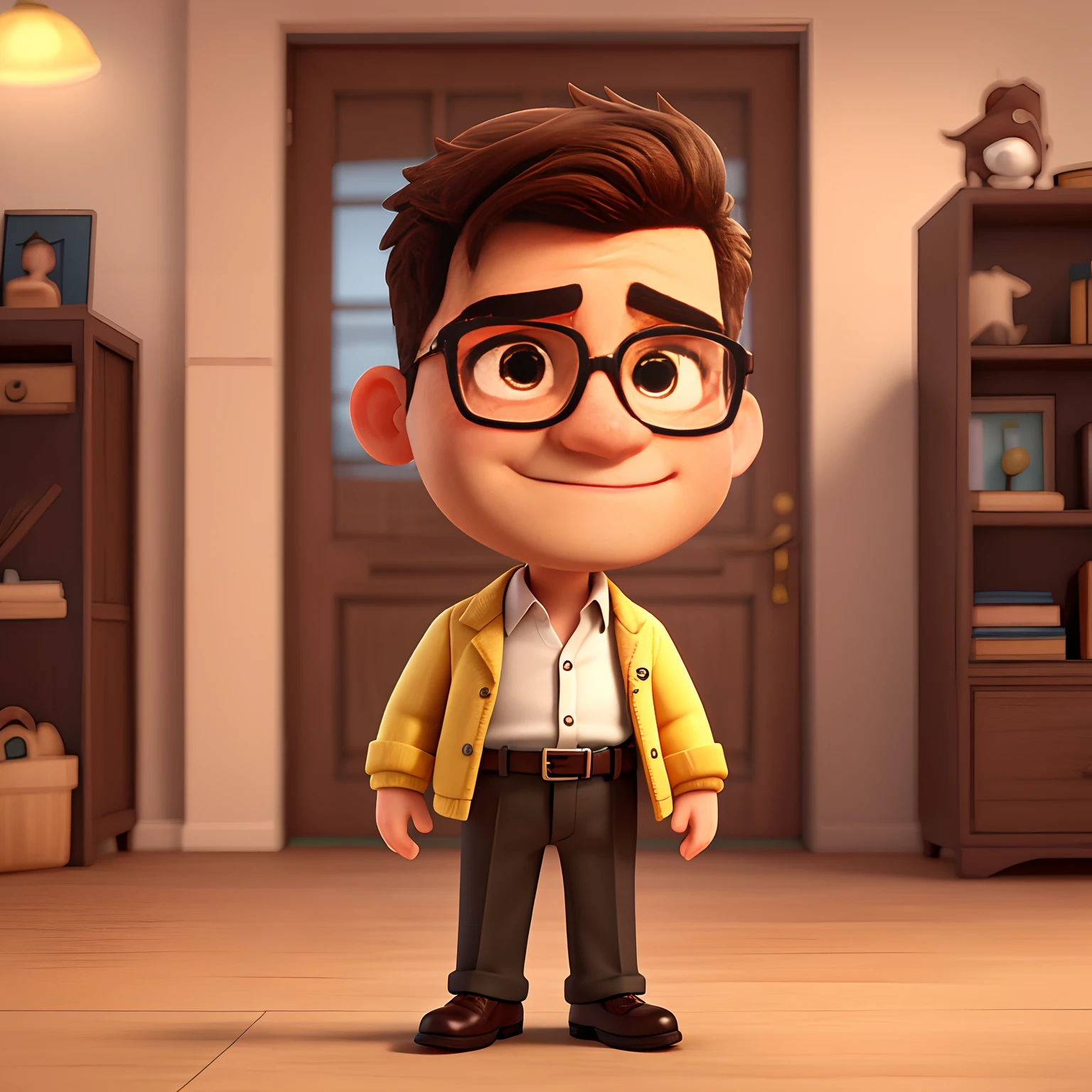 Cute small 38-years-old male investor , huge head, shot Undercut hair , wearing Round gold thin frame glasses, highly detailed eyes，front-facing, fit, looks like a boss, full body view, highly detailed hands ，Toy figures,best quality, 3d cartoon，full body view, fantasy, dreamlike, surrealism, super cute, trending on artstation