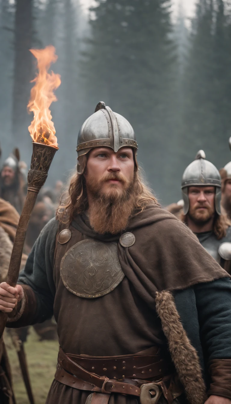 A full-body Viking warrior holding a torch, surrounded by several Viking warriors, Mola 35mm, fotografia, ultra detalhes, detalhes de textura precisos HDR, UHD,64 mil
