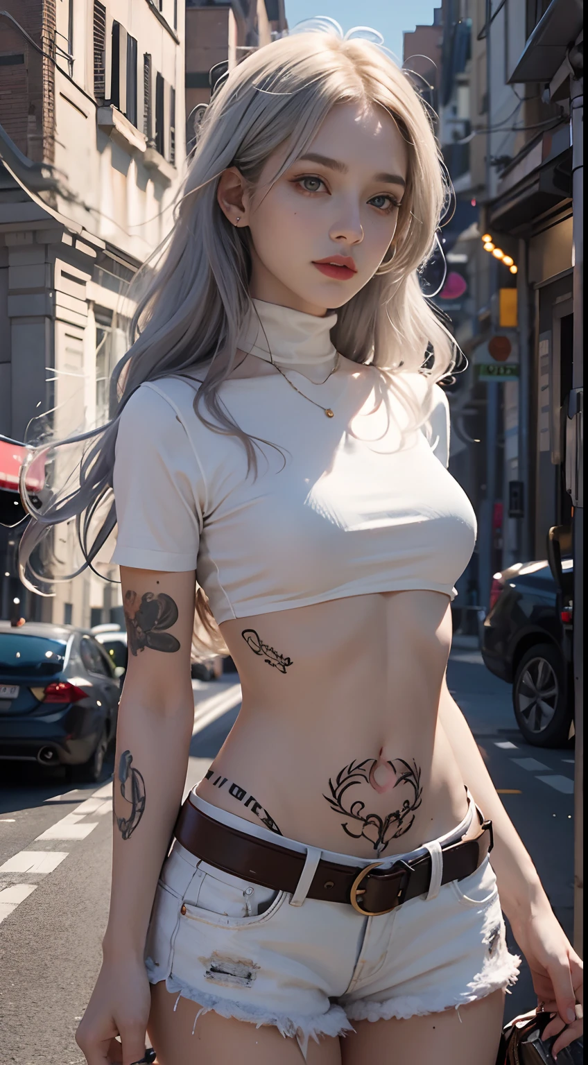 Urban Beautiful Girl College Student,tmasterpiece,Light makeup,Redlip,Silvery hair,Messy long hair,streets background,gracefulness,Elegance。ultra fine detailed,Works of masters,Authentic texture,Cinematic lighting realism,perfect works,8K,k hd,Delicate facial features,White skinny turtleneck top,White skinny shorts,Slim figure,Big bright eyes,Smooth skin,eardrop,choker necklace,Tattooed with