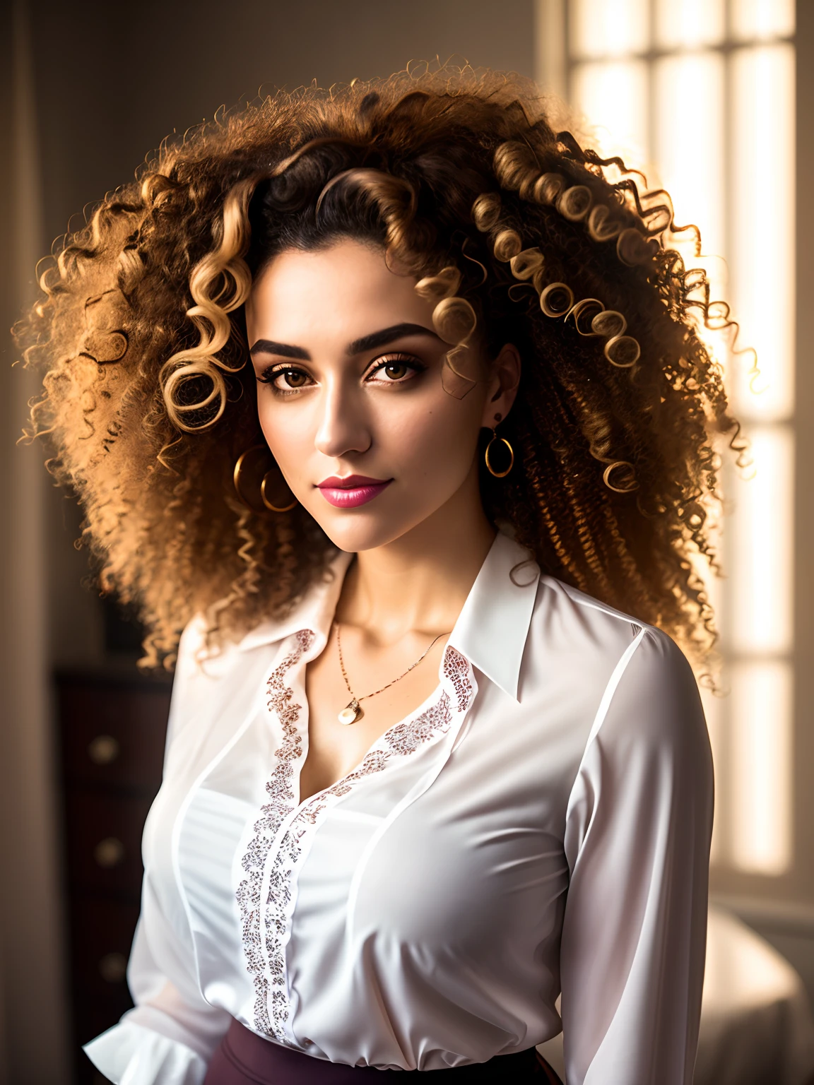 woman with curly hair, wearing a skirt and blouse, detailed seductive alluring eyes, in a modern bedroom, masterpiece, detailed, elegant, best quality, diffused broad light, backlighting, bloom, light sparkles, chromatic aberration, smooth, sharp focus