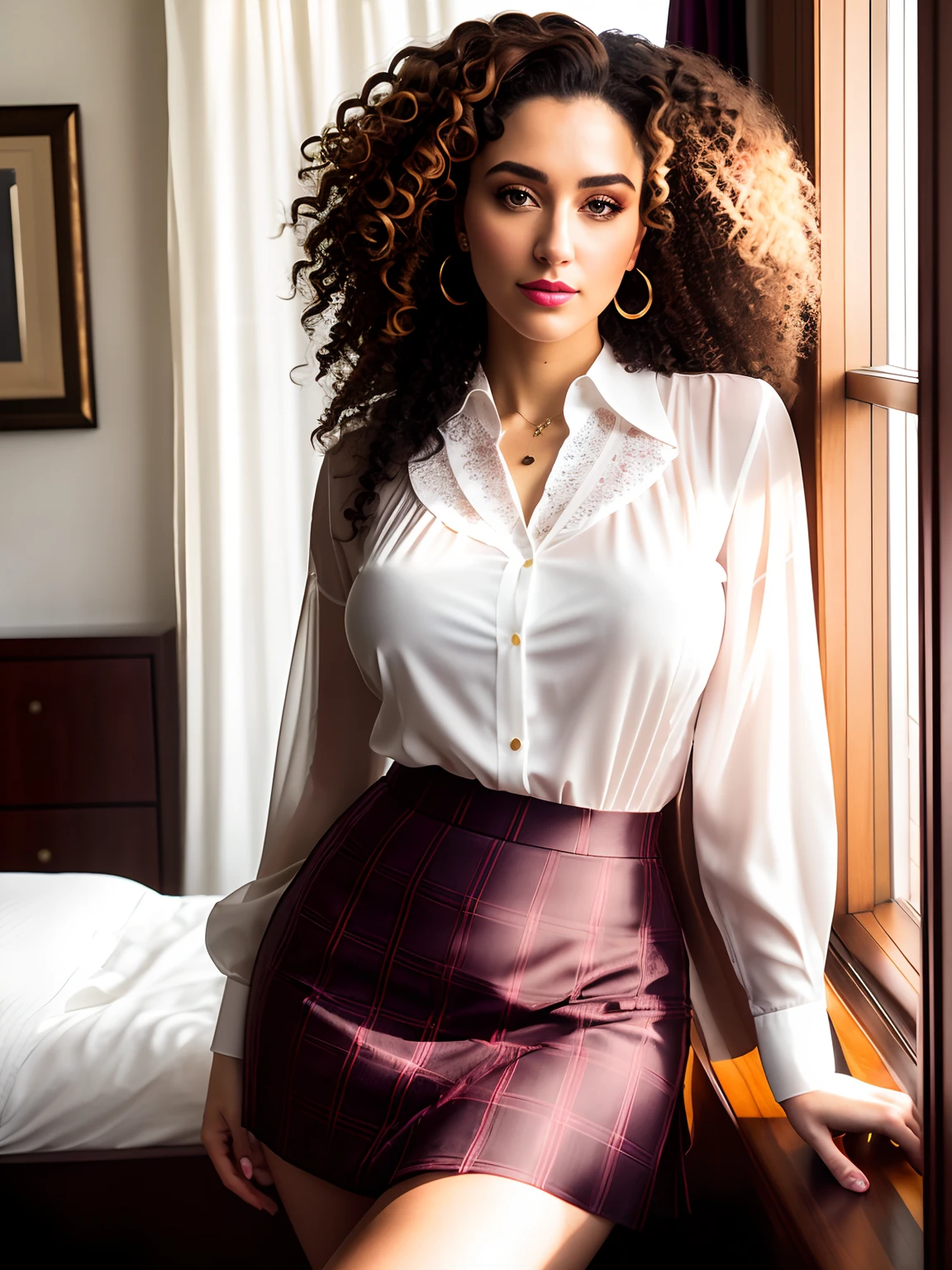 woman with curly hair, wearing a skirt and blouse, detailed seductive alluring eyes, in a modern bedroom, masterpiece, detailed, elegant, best quality, diffused broad light, backlighting, bloom, light sparkles, chromatic aberration, smooth, sharp focus
