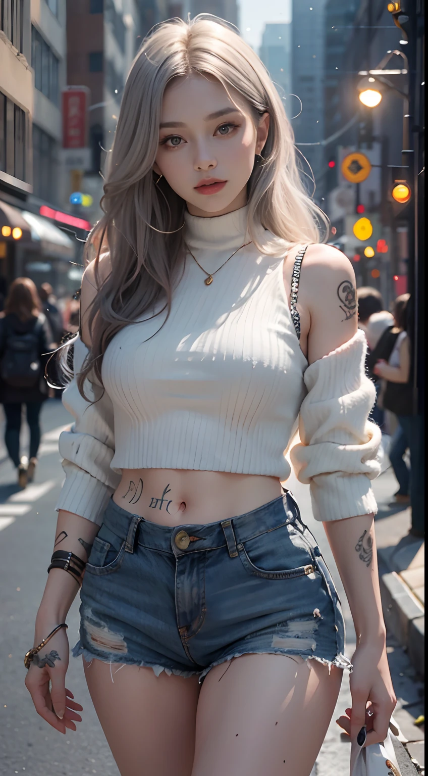 Urban Beautiful Girl College Student,tmasterpiece,Light makeup,Redlip,Silvery hair,Messy long hair,streets background,gracefulness,Elegance。ultra fine detailed,Works of masters,Authentic texture,Cinematic lighting realism,perfect works,8K,k hd,Delicate facial features,White skinny turtleneck top,White skinny shorts,Slim figure,Big bright eyes,Smooth skin,eardrop,choker necklace,Tattooed with