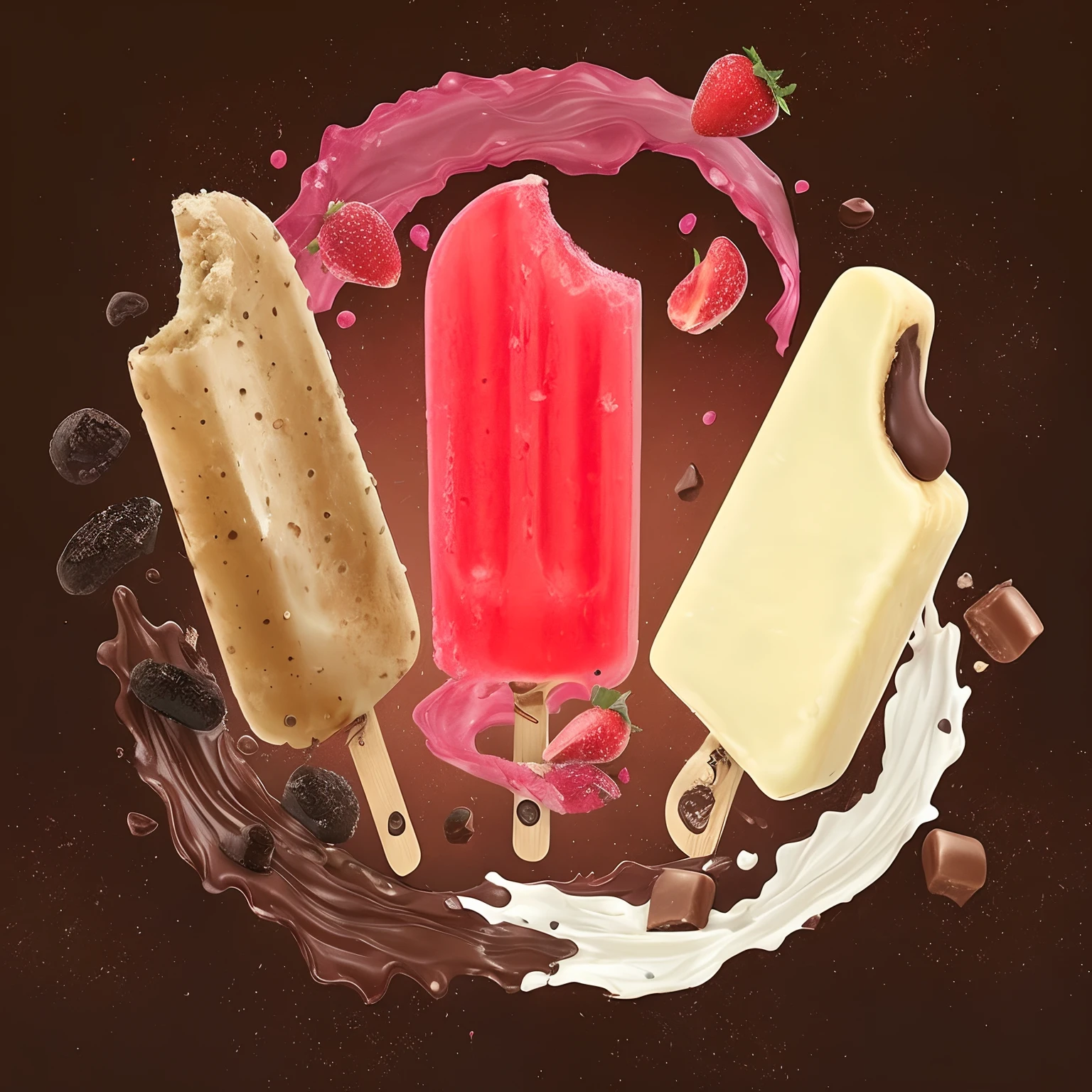 Araffes and popsicles covered in milk chocolate and chocolate, gelado, illustartion, 3delight, Directed by: Derek Zabrocki, Directed by: Franz Hegi, por Romain brook, Jean-Sebastien Rossbach, Directed by: Alexander Brook, amazing food illustration, illustration!, Directed by: Edwin Georgi, delicioso, Directed by: Jan Kupecky, Directed by: Artur Tarnowski