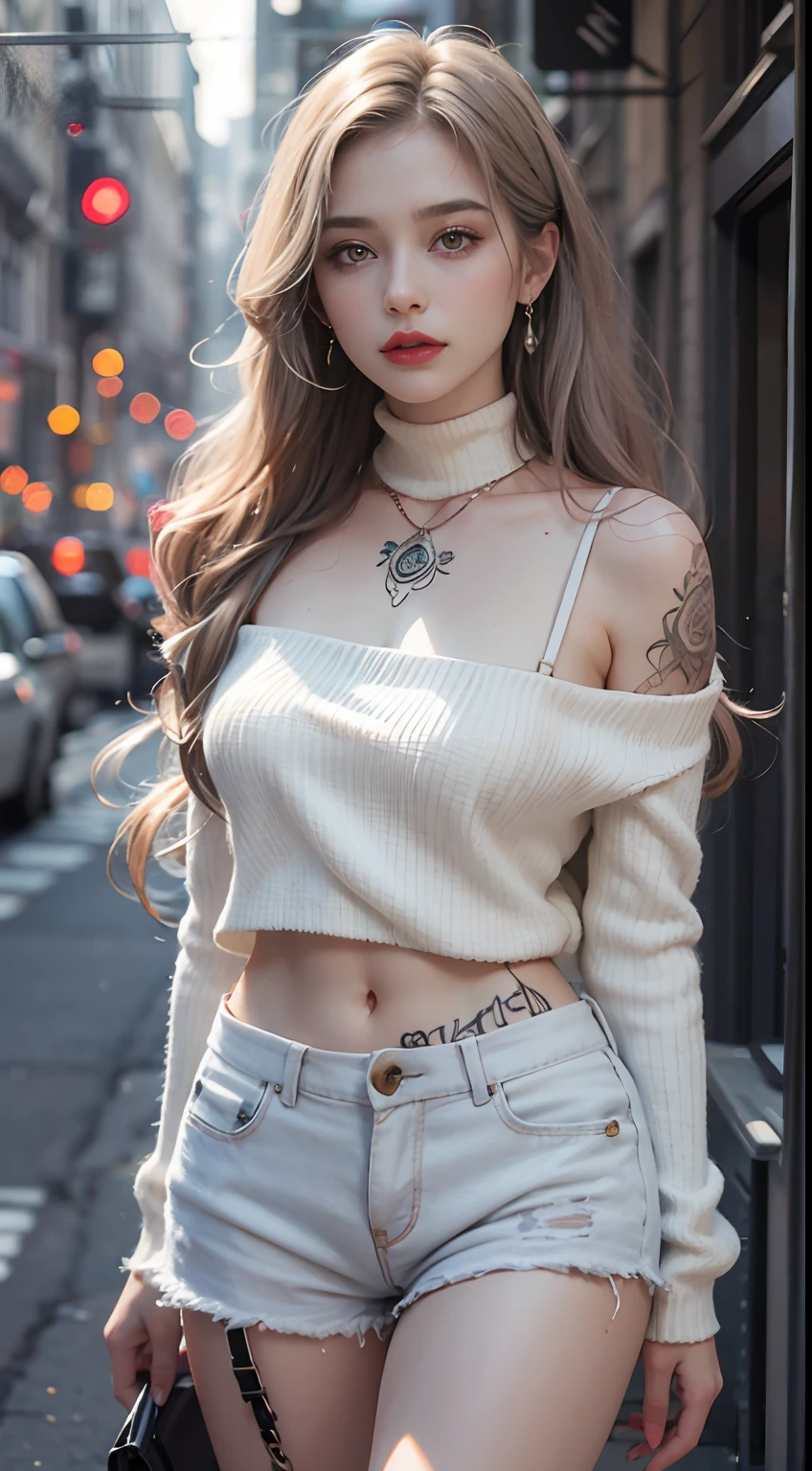 Urban Beautiful Girl College Student,tmasterpiece,Light makeup,Redlip,Silvery hair,Messy long hair,streets background,gracefulness,Elegance。ultra fine detailed,Works of masters,Authentic texture,Cinematic lighting realism,perfect works,8K,k hd,Delicate facial features,White skinny turtleneck top,White skinny shorts,Slim figure,Big bright eyes,Smooth skin,eardrop,choker necklace,Tattooed with