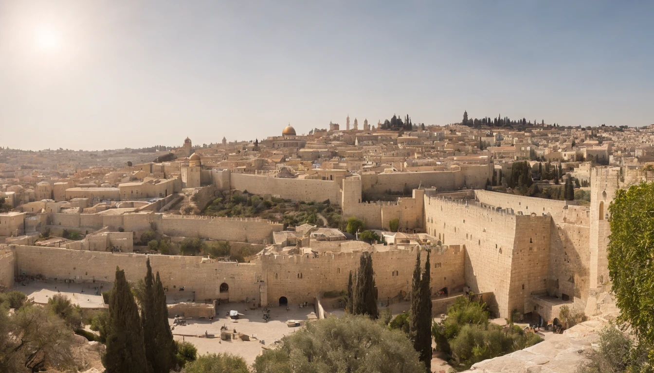 It was a warm, sunny day in Jerusalem, a cidade do grande Rei Davi. As muralhas da cidade brilhavam sob o sol escaldante, as people came and went through the cobblestone streets. Davi, o rei de Israel, reigned in his palace, admiring the panoramic view of the city from the terrace.
