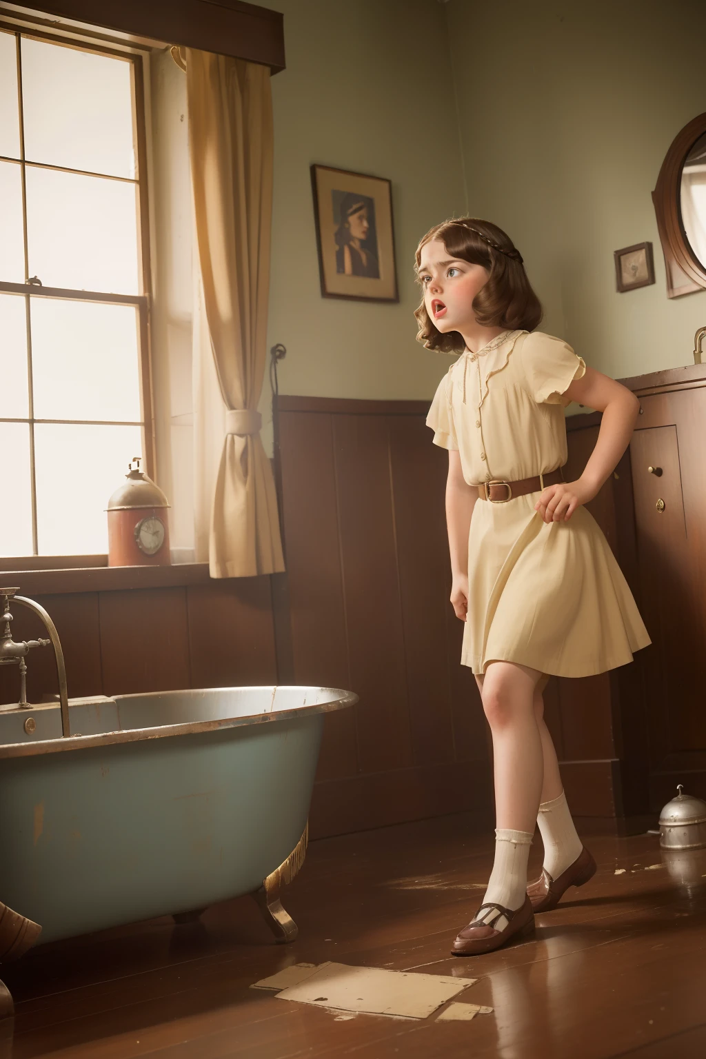Year: 1939. Location: Memphis, Tennessee. pre-raphaelite ((10-year-old)) brunette girl, next to a tin bath refusing in, ((angry)) ((furious)) ((throwing a tantrum)), ((1930s poor clothes)) ((1930s hairstyle)) ((in the style of "OMITB")) ((cinematic style))
