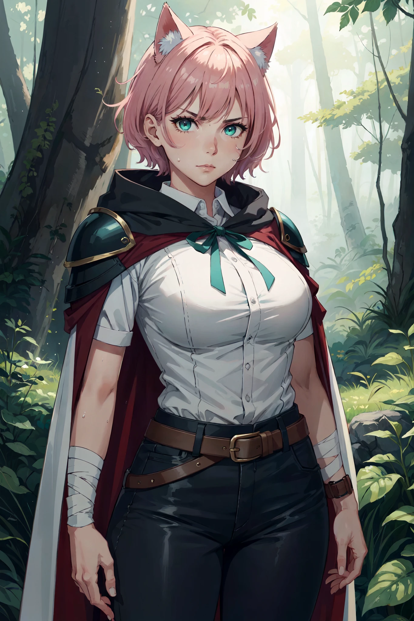 ((mature adult tall woman, mature_face)), (glowing green eyes), aqua cat ears, (super narrow waist), gradient (pink hair), large breasts, large areolae, (oily skin) , wet, sweat,
(fantasy, fantasy-style), solo female focus, solo, short hair, closed mouth, standing, bangs, looking at viewer, angry, weapon, sword, holding sword, bandaged arm, torn clothes, belt, cape, ((cloak, armor)), short sleeves, dirty clothes, brown belt, bandages, shirt, tight pants, (cowboy shot), tree, outdoors, nature, forest, day, sunlight, plant, scenery, bush, leaf, (((masterpiece))), (highest quality), best quality, highres, (intricate details), 8K, ((perfect face)), (Mature Face:1.2), (beautiful face:1.15), detailed eyes, messy hair