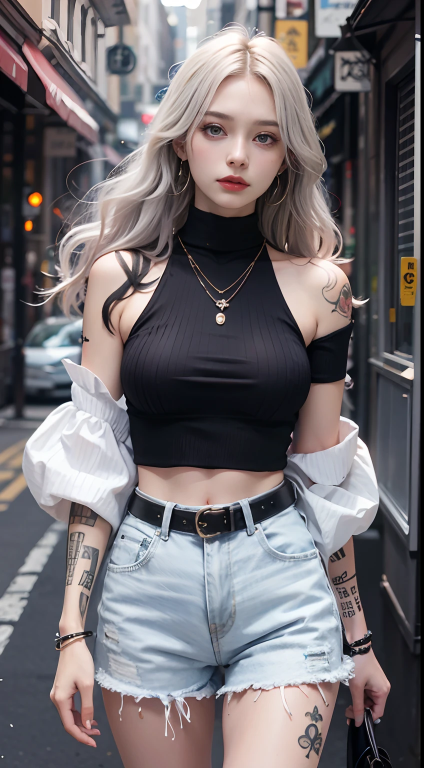 Urban Beautiful Girl College Student,tmasterpiece,Light makeup,Redlip,Silvery hair,Messy long hair,streets background,gracefulness,Elegance。ultra fine detailed,Works of masters,Authentic texture,Cinematic lighting realism,perfect works,8K,k hd,Delicate facial features,White skinny turtleneck top,White skinny shorts,Slim figure,Big bright eyes,Smooth skin,eardrop,choker necklace,Tattooed with