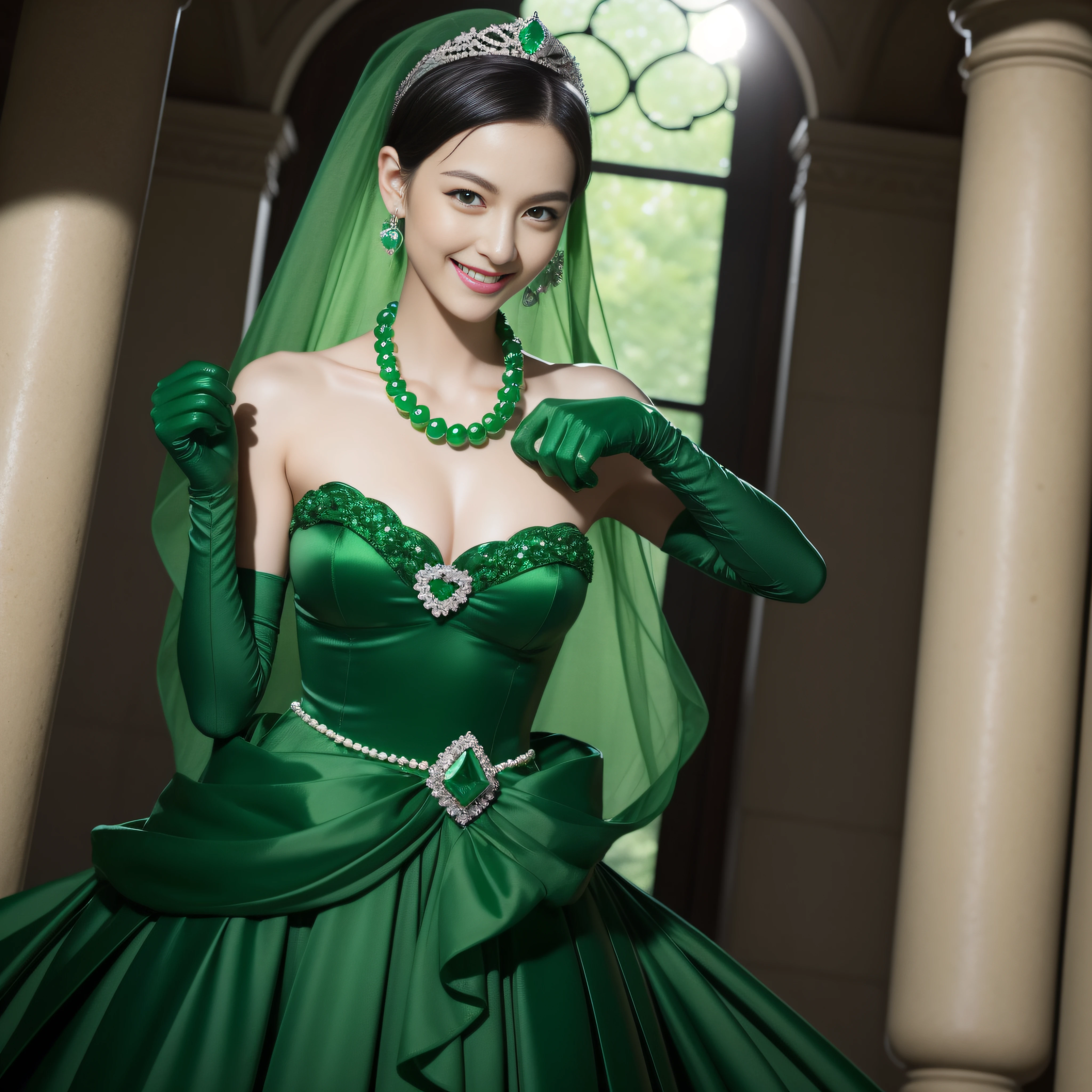 emerald tiara, Green Pearl Necklace, Boyish very short black hair, lipsticks, Japan woman smiling, very short short hair, big breasts beautiful, Green eyes, Long green gloves made of satin material, Green eyes, Emerald Earrings