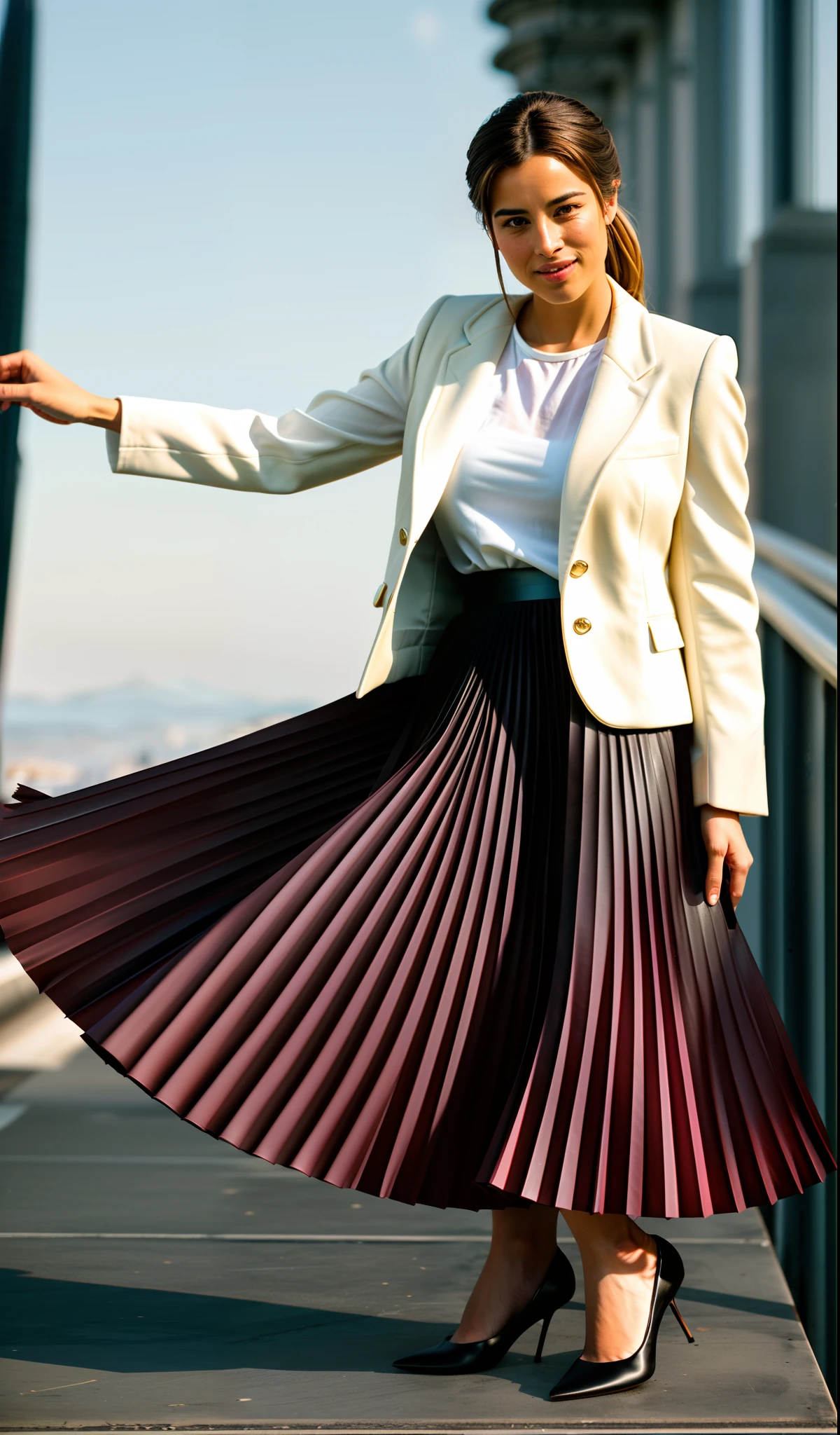 very (seductive:1,9) smiling attractive lesbian woman wearing short blazer and very very detailed (long (fully pleated) full circle skirt) and (simple) low heeled office shoes, very very intricate hyper-detailed symmetric (attractive graceful young feminine face) with (sad, tired eyes and a shy smile), large breasts, full of empathy and compassion and love, (pronounced (feminine) features), (highly detailed ultra accurate realistic) hands and fingers, (windy conditions and wind blowing), epic composition, highly detailed attributes, highly detailed atmosphere, (35mm f1.4 Kodak portra 400 photograph), extremely high quality RAW photograph,