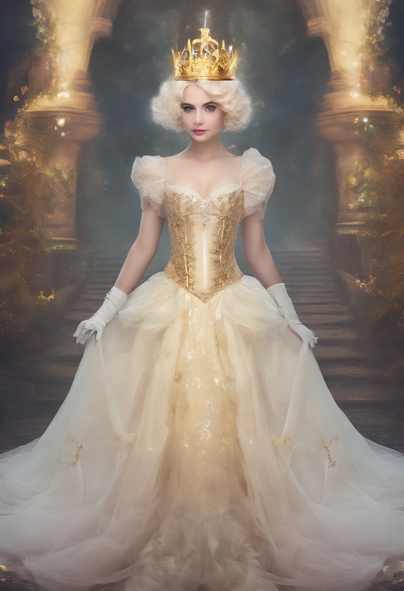 Light yellow short hair, gray eyes, light makeup on the face, crown on her head, white dress with corset, white gloves, white shoes, against the backdrop of a colorful castle