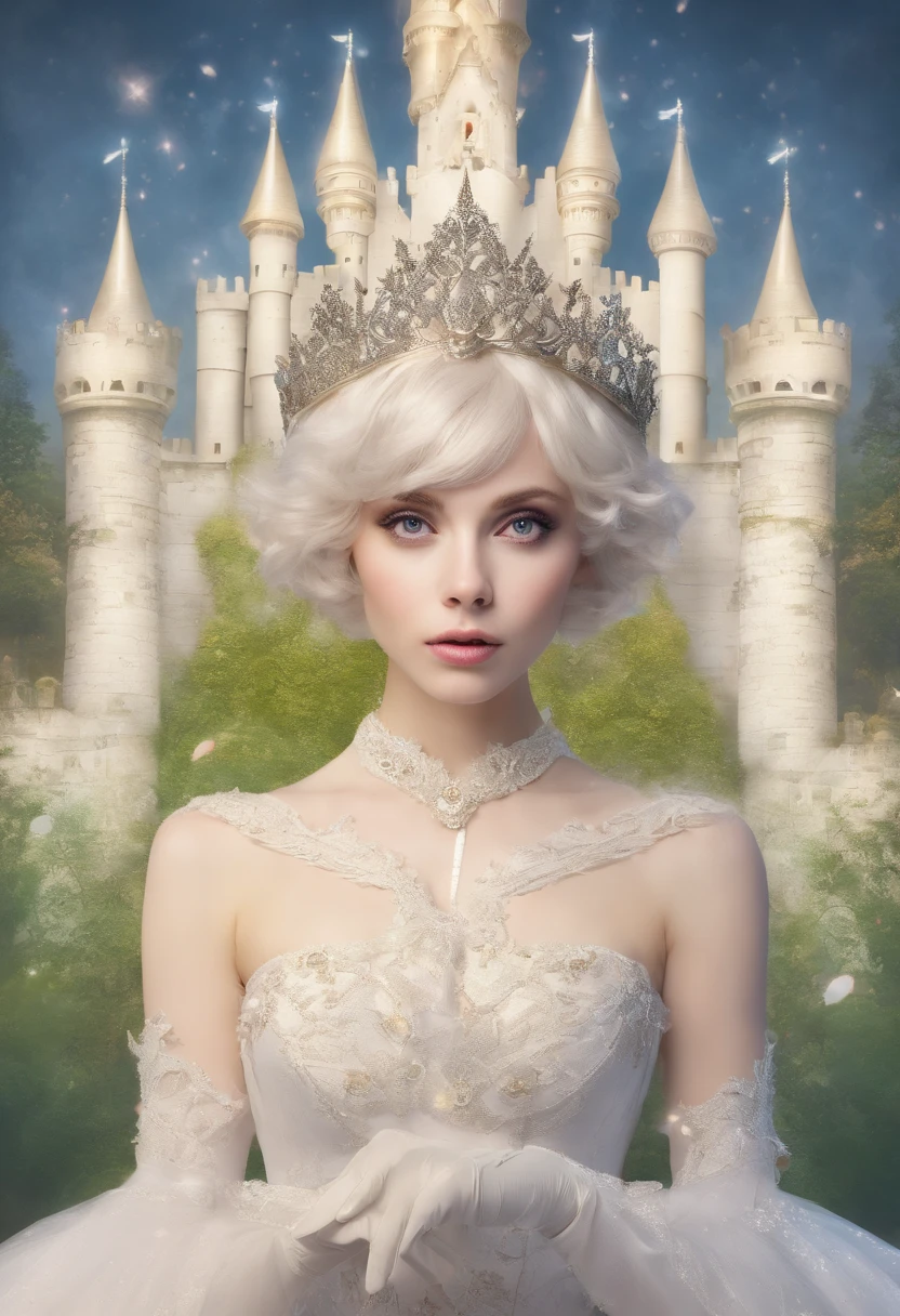 Light yellow short hair, gray eyes, light makeup on the face, crown on her head, white dress with corset, white gloves, white shoes, against the backdrop of a colorful castle