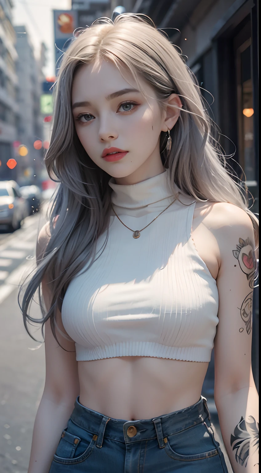 Urban Beautiful Girl College Student，tmasterpiece，Light makeup，Redlip，Silvery hair，Messy long hair，streets background，gracefulness，Elegance。ultra fine detailed，Works of masters，Authentic texture，Cinematic lighting realism，perfect works，8K，k hd，Delicate facial features，White skinny turtleneck top，White skinny shorts，Slim figure，Big bright eyes，Smooth skin，eardrop，choker necklace，Tattooed with