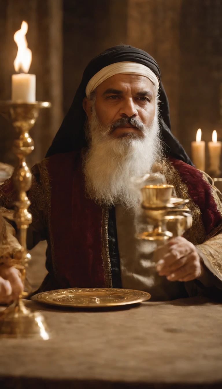 A Persian chief sitting at a table with a golden chalice in hand, surrounded by other Persians celebrating, Mola 35mm, fotografia, ultra detalhes, detalhes de textura precisos HDR, UHD,64 mil