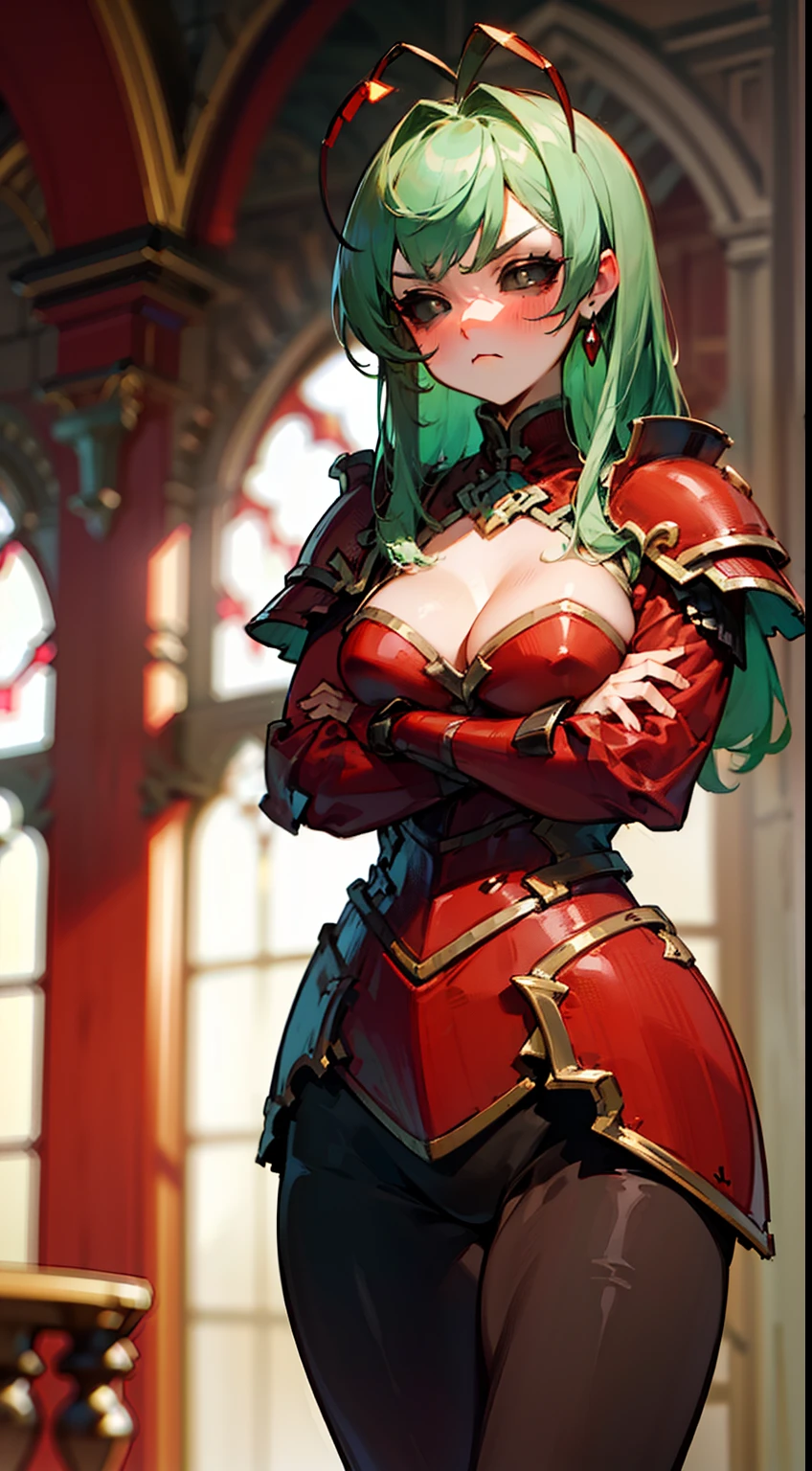 (Original Character,8k, Masterpiece, Best Quality,Detailed, Beautiful Detailed Eyes, solo),mature female,tall, fine skin,cleavage,blush,cowboy shot,black eyes,black sclera,light green hair,long hair,(hair 2antennas),standing a room in castle,((red armor)),crossed arms,black pantyhose, angry face,