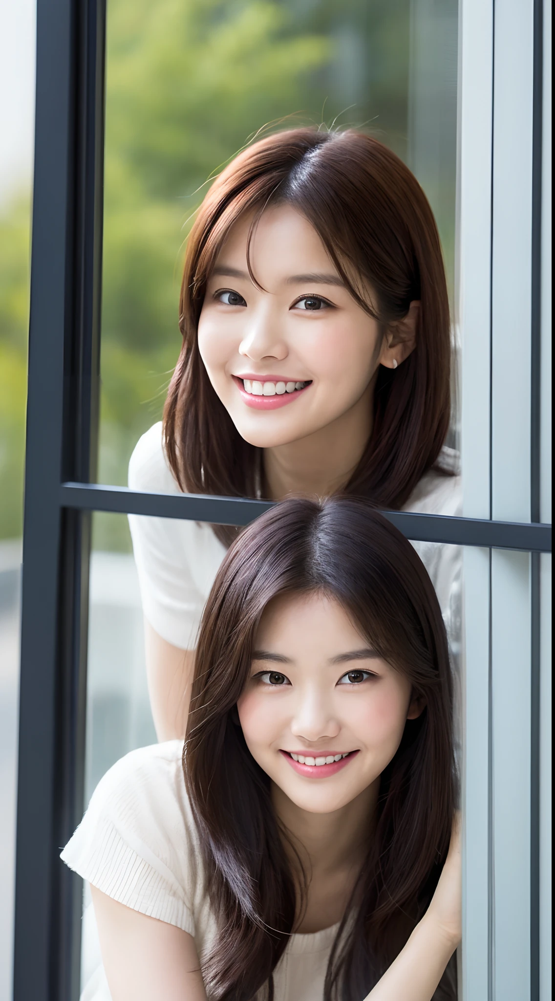 there is a woman that is smiling and looking out of a window, cute korean actress, lalisa manobal, sakimichan, sun yunjoo, coy smile, with bangs, joyful smirk, inspired by Kim Jeong-hui, shy smile, wan adorable korean face, bae suzy, lee ji-eun, lee ji - eun