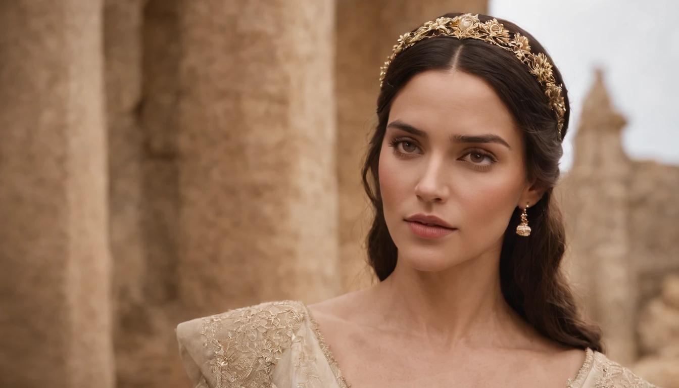 Bate-Seba ( mulher com rosto delicado, Ficos traits, labios definicos, cabelos longos e castanhos, dressed in clothes from the time of Jesus Christ, with some jewelry) ficou diante do rei Davi, the racing heart and a sense of apprehension. She was a woman of faith, and his virtue was unshakable. No entanto, diante do poderoso rei, She felt vulnerable and scared.