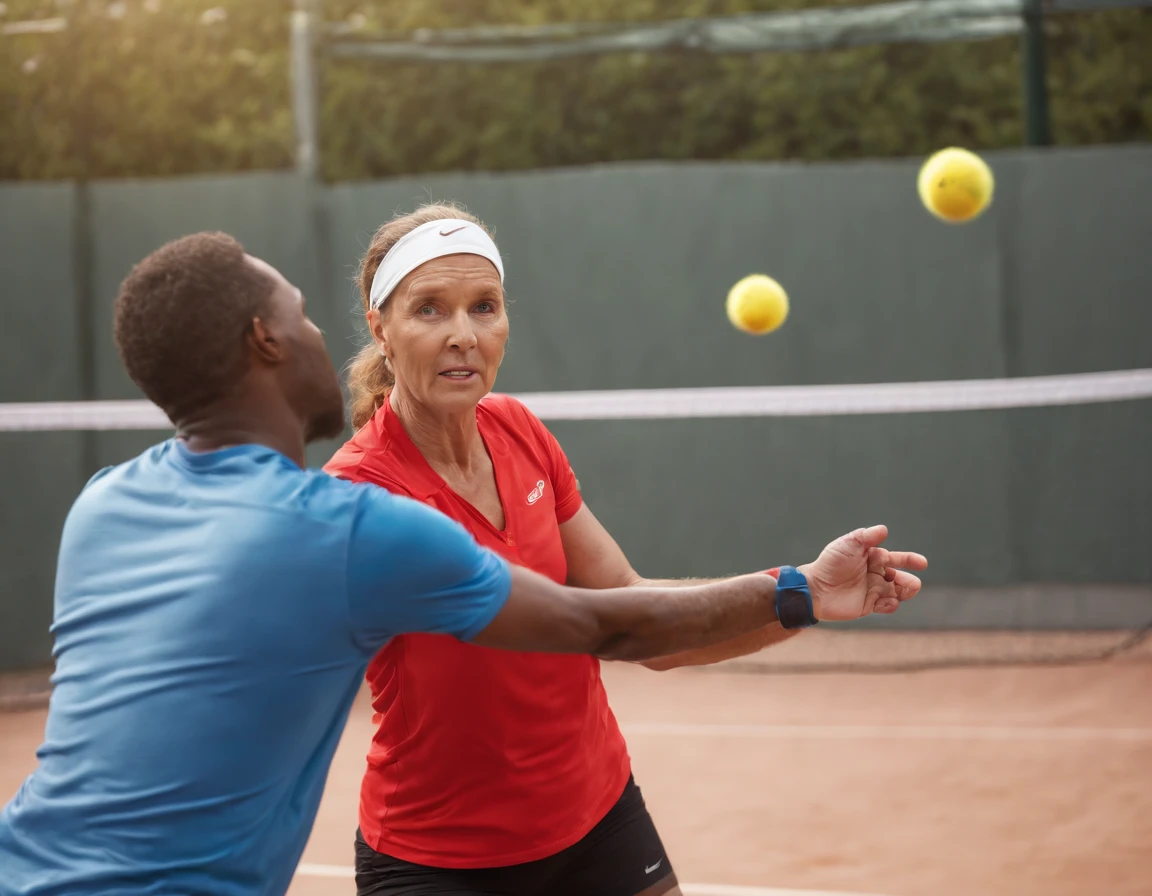 Compose an epic image of a Pickleball match, set against the backdrop of a vibrant, sun-drenched outdoor court. Capture the intense action as players engage in dynamic rallies, with their bodies lunging, and paddles poised for powerful shots. Frame the scene with a wide-angle perspective that encompasses the entire court, emphasizing the scale and excitement of the game