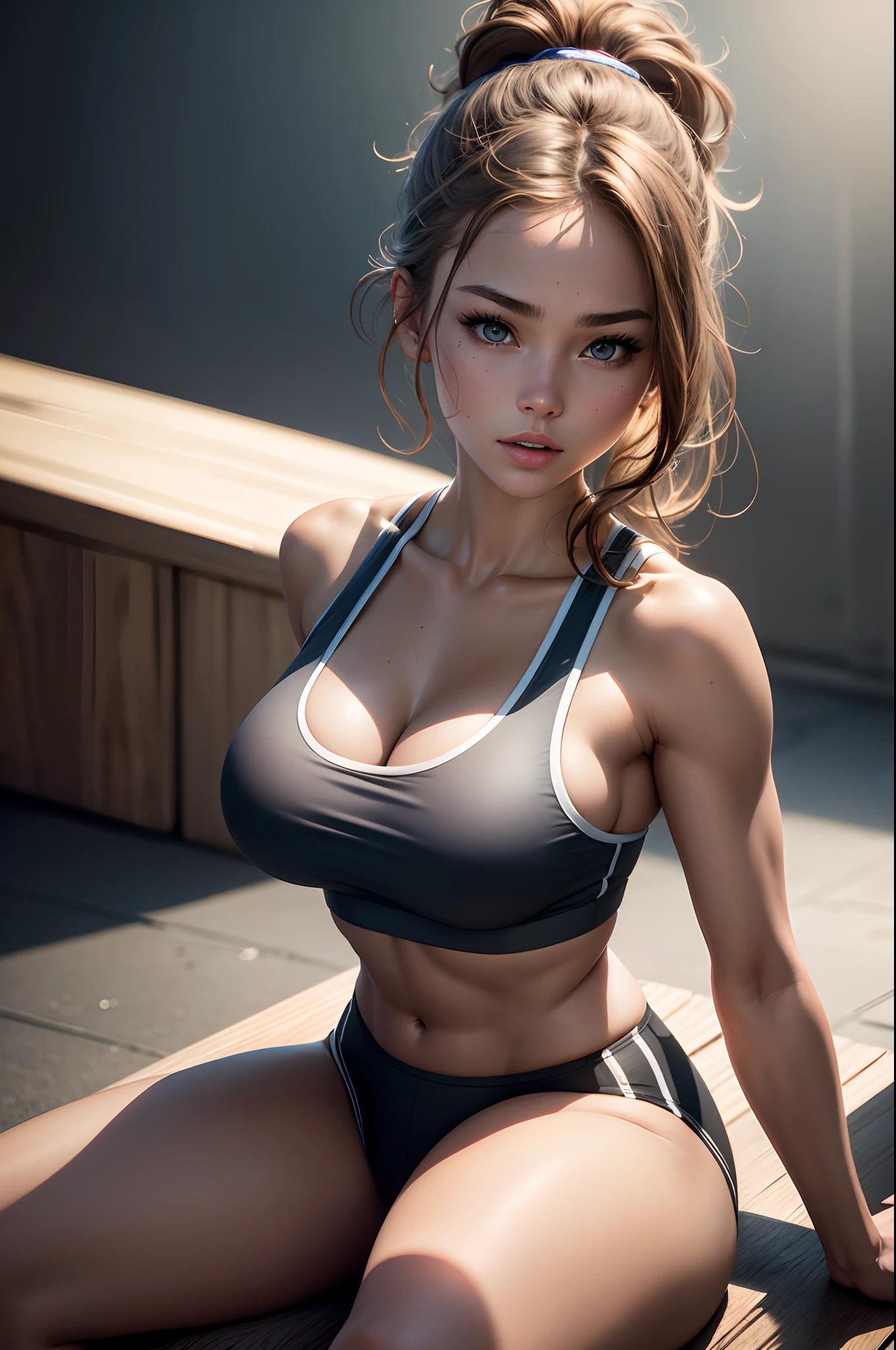 Woman in sports bra sitting on bench, Nina Agdal, Good sport, detailed sports bra, Sports Bra, sport bra and shirt, bra very, Victoria's Secret Model, nffsw, sport bra and shorts, tight push up bra, very tight small push up bra, Use of fitness equipment, portrait sophie mudd, Fitness Model, Wearing a bra realistic photo, photography, masterpiece, realist, 真实感, rendered, highly contrast, digitalart, Photographic Collista, Art Station 8k HD Trends, High definition, detailliert, Realistic, detailliert, Skin texture, Hyperde Tarjada, realistic skin textures, top-quality, 超A high resolution, (photos realistic: 1.4), hight resolution, detailliert, Raw photo, Crisp resolution, Nikon D850 Film, stock photograph: 4, Kodak Portra 400 Camera F1 Lens.6, ultra realistic textures, dramatic lighting, Unrealistic trends in Art Station Cinestir 800, raw.