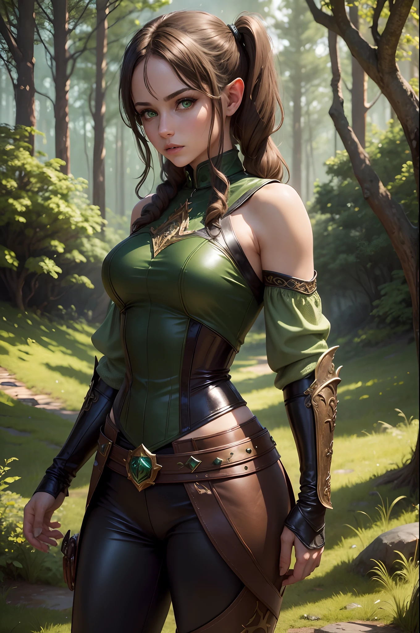 (best quality,highres),medieval setting,fully body,1 woman,beautiful green eyes,elven facial features,2 pigtails,brown hair,black leather pants,dark green bodice,brown leather armor,detailed metalwork,enchanted longbow,majestic forest backdrop,vibrant colors,captivating lighting