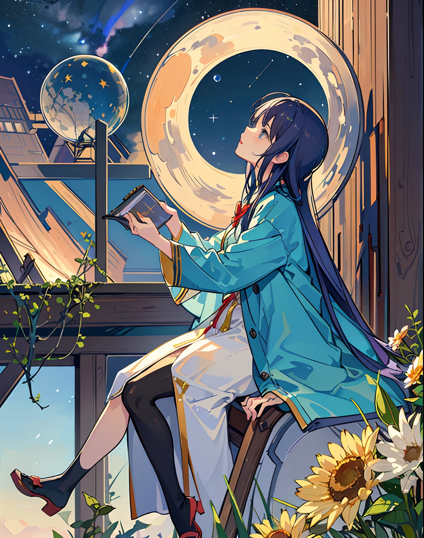 best quality, masterpiece, extremely detailed, detailed background, anime, 1girl, young girl, short girl, sci-fi, science fiction, outdoors, night, starry sky, greenhouse, megastructure, bio-dome, landscape, scenery, horizon, rooftop, sitting on rooftop, wind, looking away, atmospheric lighting, solo focus, close up, from side, depth of field, bokeh