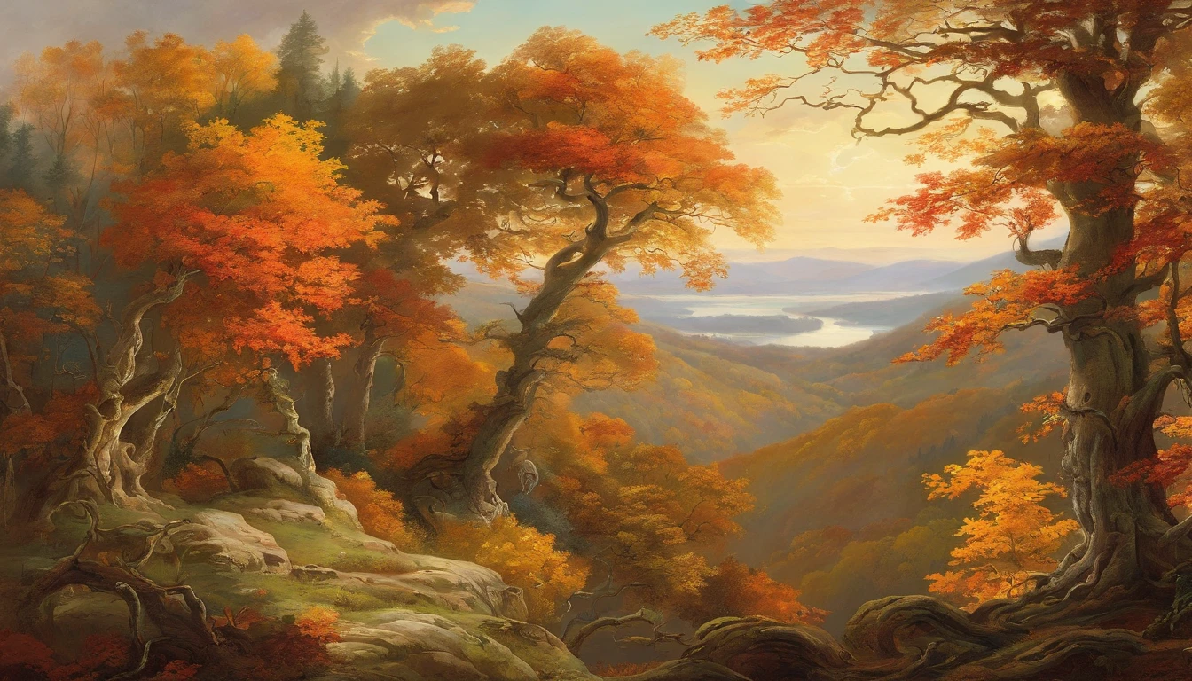 autumn woodland scene overlooking hills, great skyscape, Asher Brown Durand