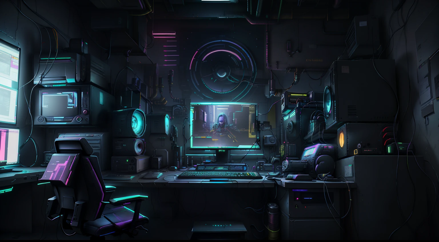 there is a computer monitor sitting on top of a desk, like a cyberpunk workshop, cyberpunk setting, console and computer, in a darkly lit laboratory room, dark setup, cyberpunk basement, computer painting, in a cyberpunk themed room, cyberpunk lut, pc screen image, cyberpunk atmosphere, computer render, portrait of a cyberpunk machine