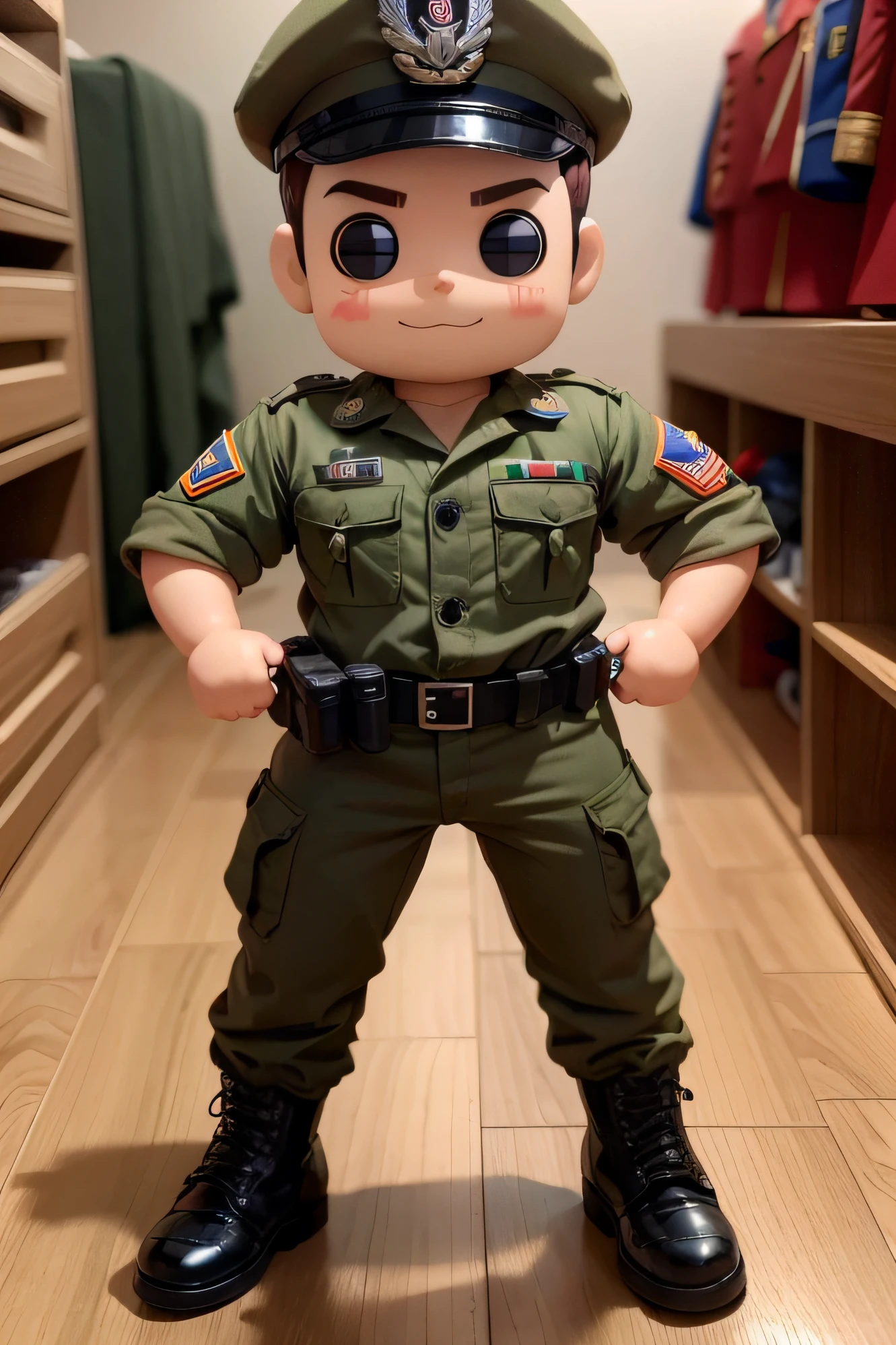 criar personagem funko militar, com sorriso no rosto, pointing the finger of the left hand to the side