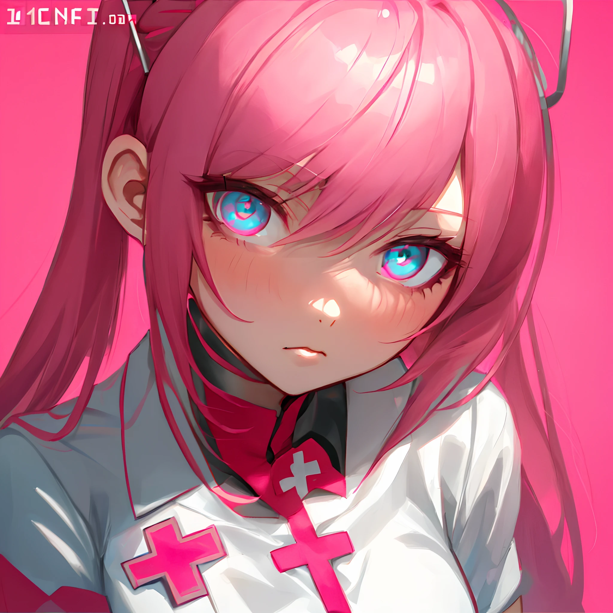 anime girl with long hair and a white shirt and red cross on her chest, pink twintail hair and cyan eyes, chiaki nanami from danganronpa, junko enoshima from danganronpa, made with anime painter studio, zero two, humanoid pink female squid girl, (anime girl), with huge luminous sad eyes