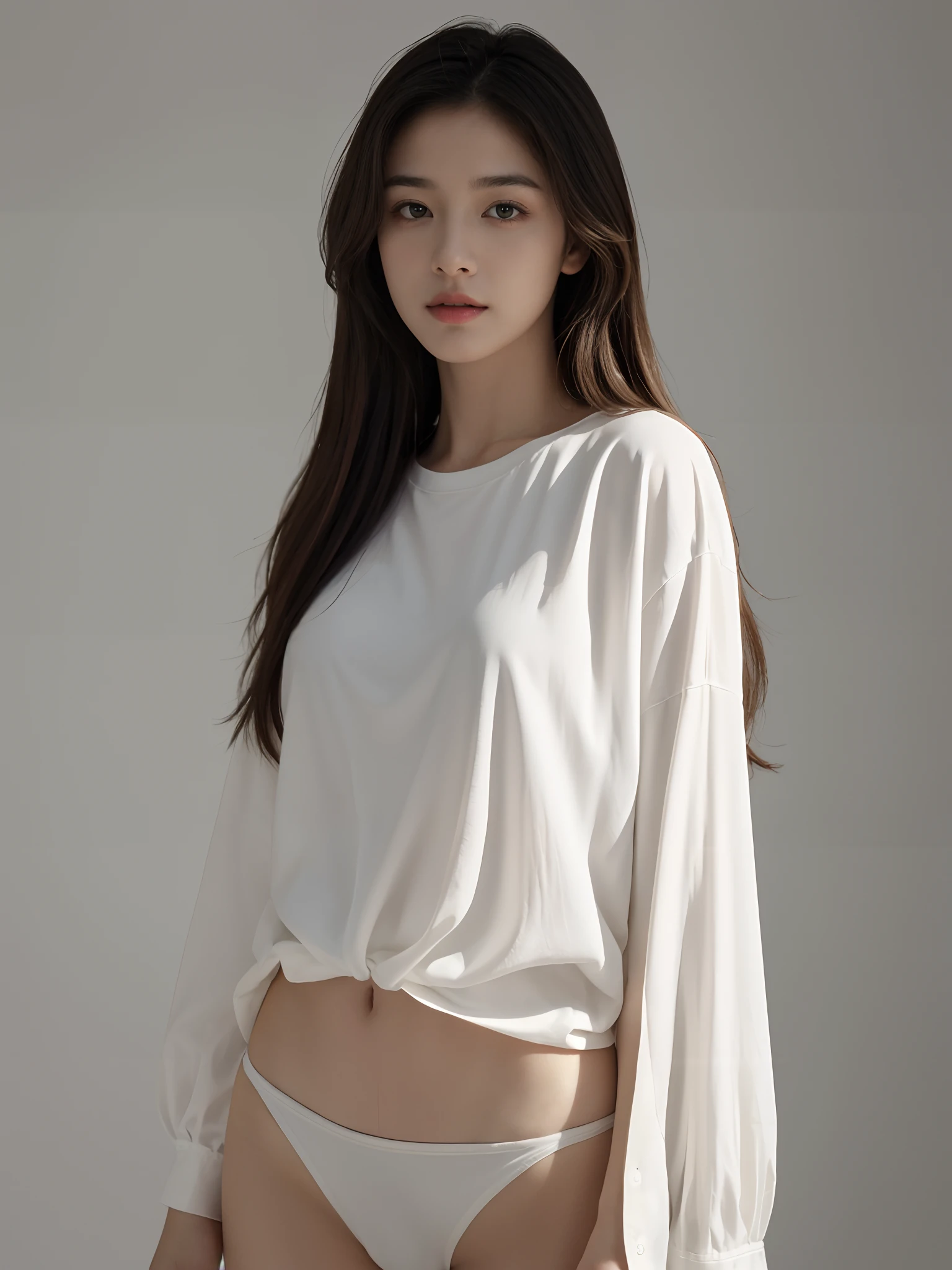Best quality, masterpiece, ultra high res, (photorealistic:1.5), raw photo, detailed skin, 1girl, perfect body, white cotton shirt, art gallery background:1.2) , long hair ( white theme :0.9)