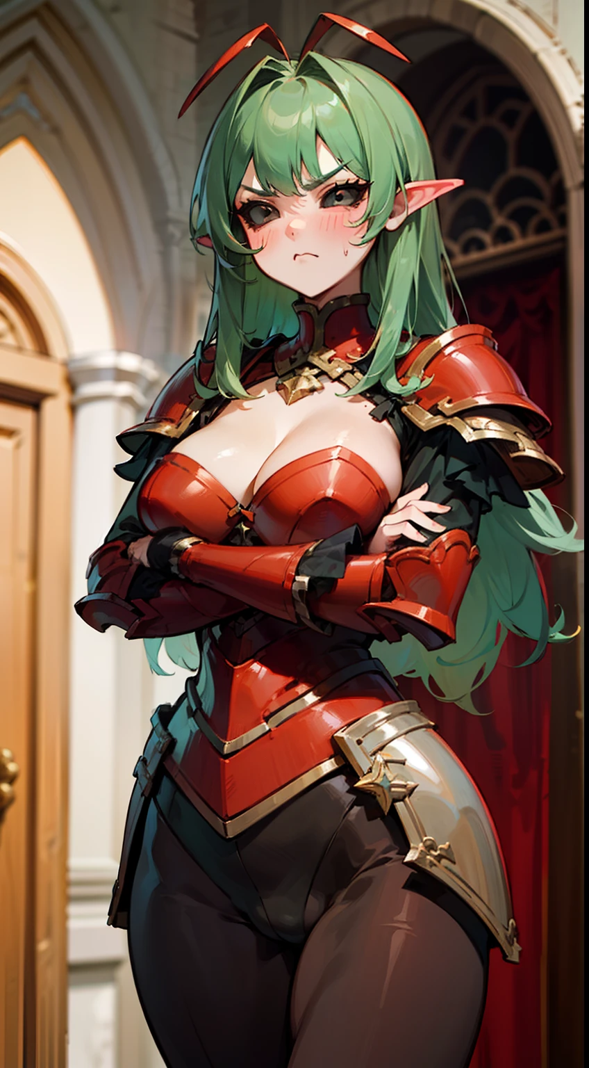 (Original Character,8k, Masterpiece, Best Quality,Detailed, Beautiful Detailed Eyes, solo),mature female,tall, fine skin,cleavage,blush,cowboy shot,black eyes,black sclera,light green hair,long hair,(hair 2antennas),standing a room in castle,((red armor)),crossed arms,black pantyhose, angry face,