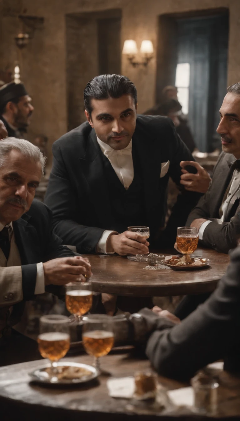 A Persian man sitting at a table with a drink in hand, surrounded by other well-dressed Persian men celebrating, Mola 35mm, fotografia, ultra detalhes, detalhes de textura precisos HDR, UHD,64 mil