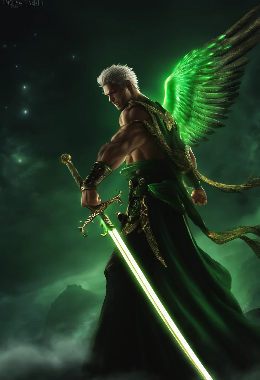 Cosmic Fallen Angel con cara roronoa Zoro de one piece de una sola pieza,tres espadas, pelo verde,  Ojo claros y brillantes, biomech, misterioso, horripilante, pesadilla, colores muy brillantes, light particles, con luz brillante, Mshiff, Arte de papel pintado, Fondo de pantalla UHD