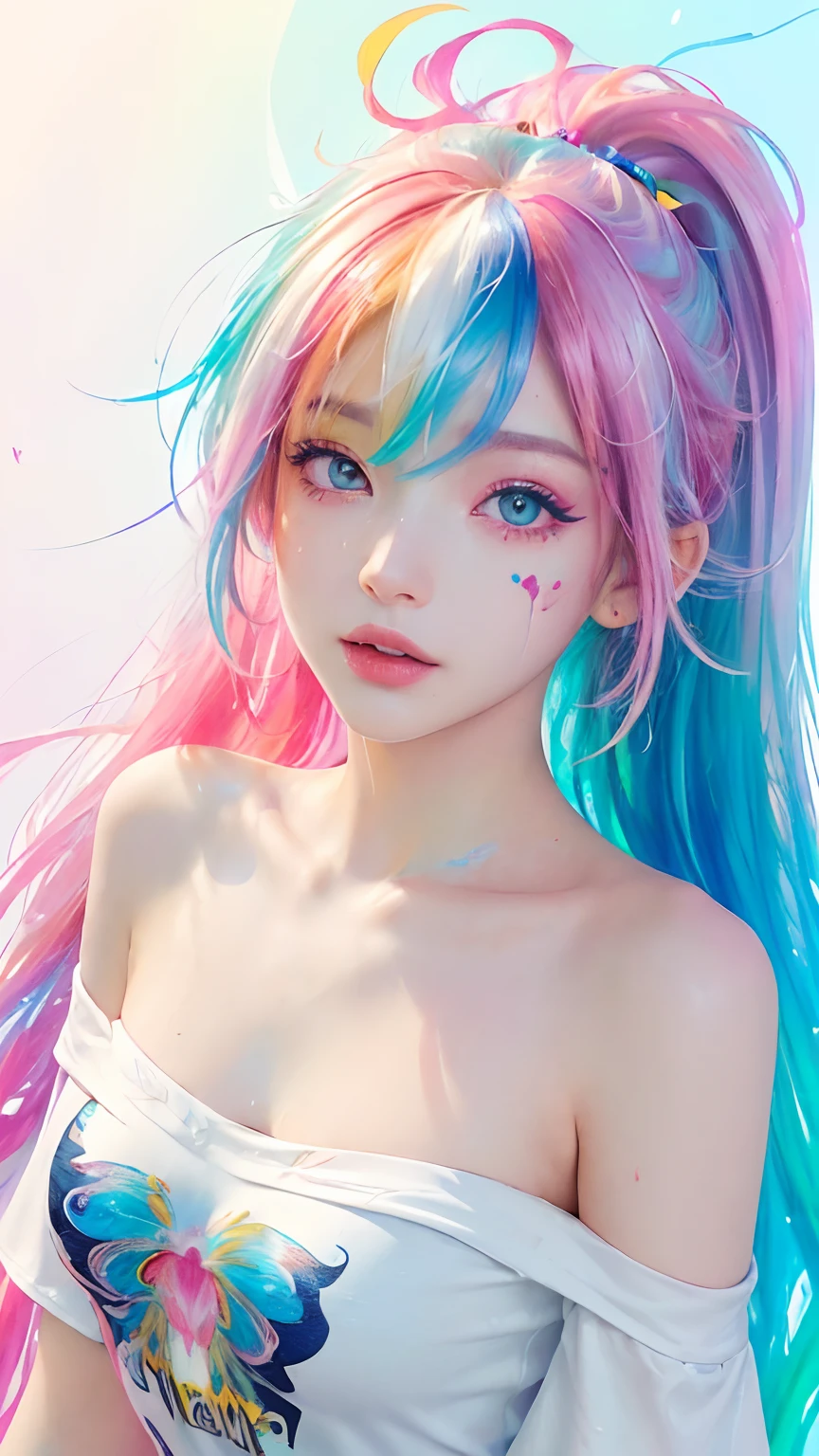 (Pink Fashion T-shirt:1.9),(Colorful hair: 1.8), (all the colours of the rainbow: 1.8),(((((vertical painting:1.6))), (painting:1.6),front, comics, illustrations, paintings, large eyes, crystal clear eyes,( rainbow color gradient high ponytail:1.7), exquisite makeup, closed mouth,(Small Fresh: 1.5),(Wipe Chest: 1.6) ,long eyelashes, white off shoulder T-shirt, White Shoulder Shirt,looking at the audience, large watery eyes, (rainbow colored hair:1.6), color splash, (solo:1.8), color splash, color explosion, thick paint style, messy lines, ((shining)),(colorful), (colorful), (colorful), colorful, Thick Paint Style, (Splash) (Color Splash), Vertical Painting, Upper Body, Paint Splash, Acrylic Pigment, Gradient, Paint, Highest Image Quality, Highest Quality, Masterpiece, Solo, Depth of Field, Face Paint, colorful clothes, (Elegant: 1.2), gorgeous,long hair, wind, (Elegant: 1.3), (Petals: 1.4),(((masterpiece))),(((best quality))),((ultra-detailed)),(illustration),(dynamic angle),((floating)),(paint),((disheveled hair)),(solo),(1girl) , (((detailed anima face))),((beautiful detailed face)),collar,bare shoulders,white hair, ((colorful hair)),((streaked hair)),beautiful detailed eyes,(Gradient color eyes),(((colorful eyes))),(((colorful background))),(((high saturation))),(((surrounded by colorful splashes))),