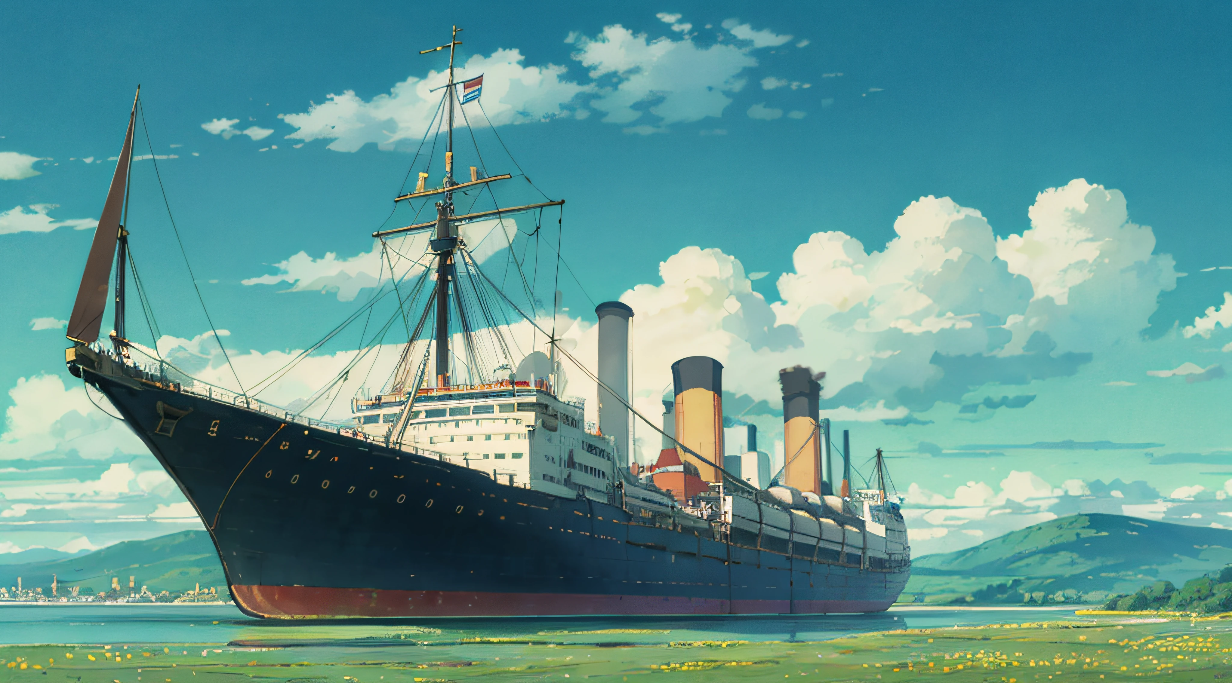 A modern steamship is docked in the nearby harbor, with wide grasslands, vast skies, beautiful skylines, dramatic graphics, moving visuals, high hanging North Star, colorful natural light.