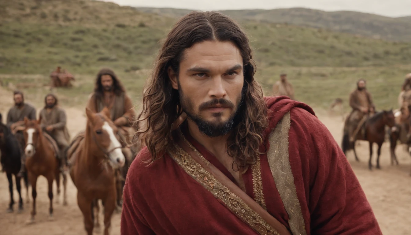 Man with beard and a red robe standing in front of a group of horses, homem bonito, homem muito atraente com barba, Raphael Lecoste, Macho bonito, jason momoa as assyrian, beautiful man, homem atraente, barba marrom curta, handsome prince of persia, Homem de Roma Antiga, barba fina marrom