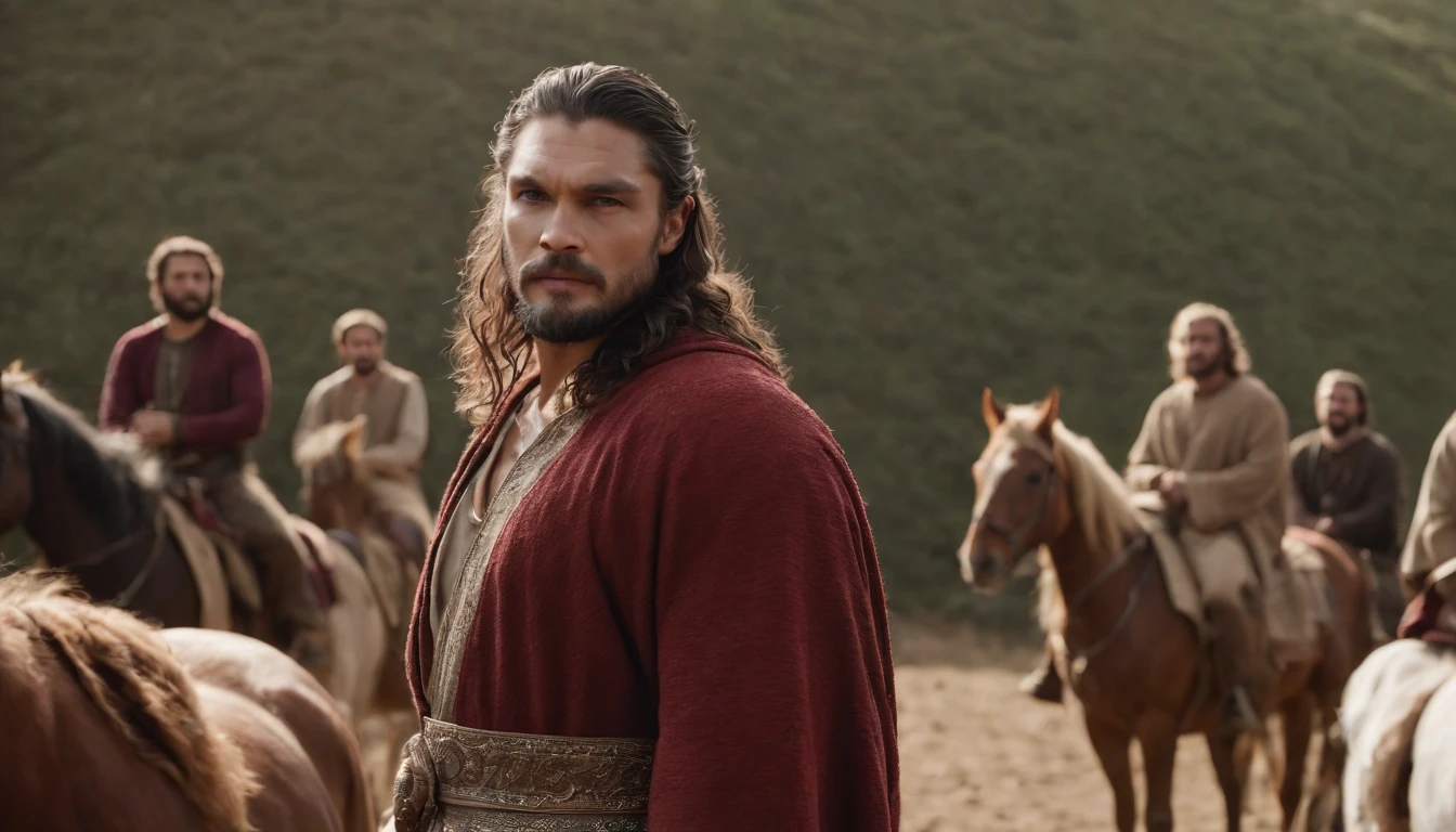 Man with beard and a red robe standing in front of a group of horses, homem bonito, homem muito atraente com barba, Raphael Lecoste, Macho bonito, jason momoa as assyrian, beautiful man, homem atraente, barba marrom curta, handsome prince of persia, Homem de Roma Antiga, barba fina marrom