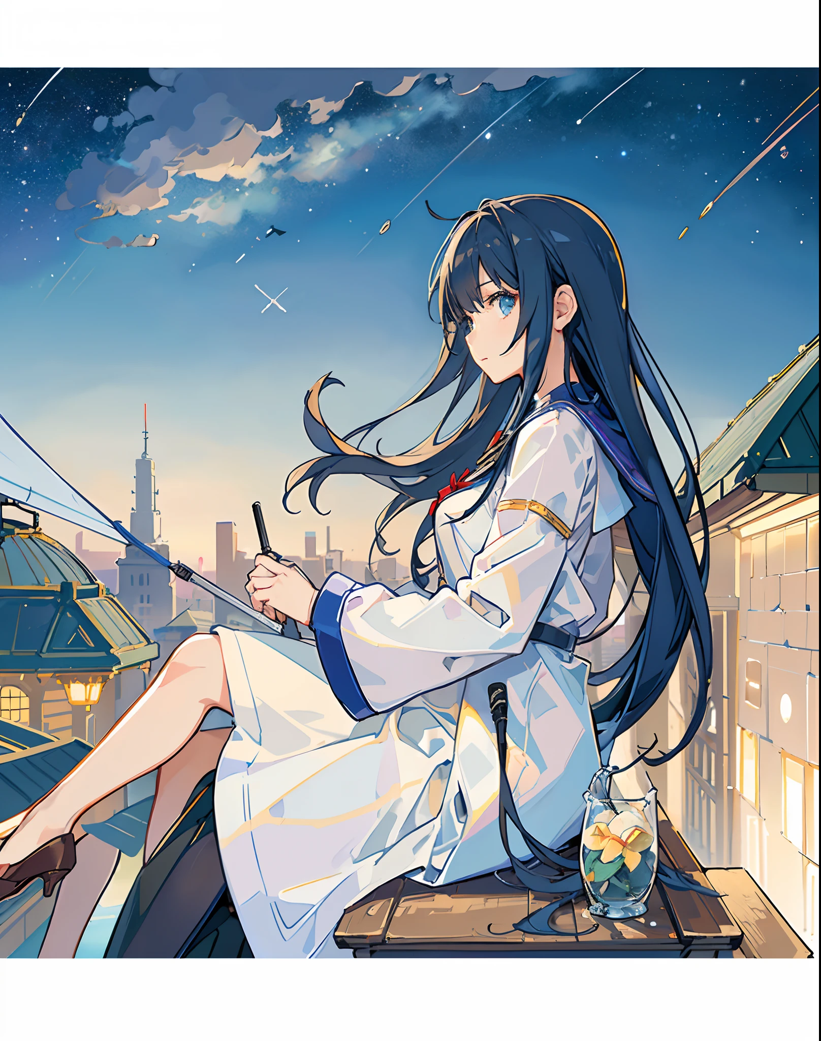 best quality, masterpiece, extremely detailed, detailed background, anime, 1girl, young girl, short girl, sci-fi, science fiction, outdoors, night, starry sky, greenhouse, megastructure, bio-dome, landscape, scenery, horizon, rooftop, sitting on rooftop, wind, looking away, atmospheric lighting, solo focus, close up, from side, depth of field, bokeh