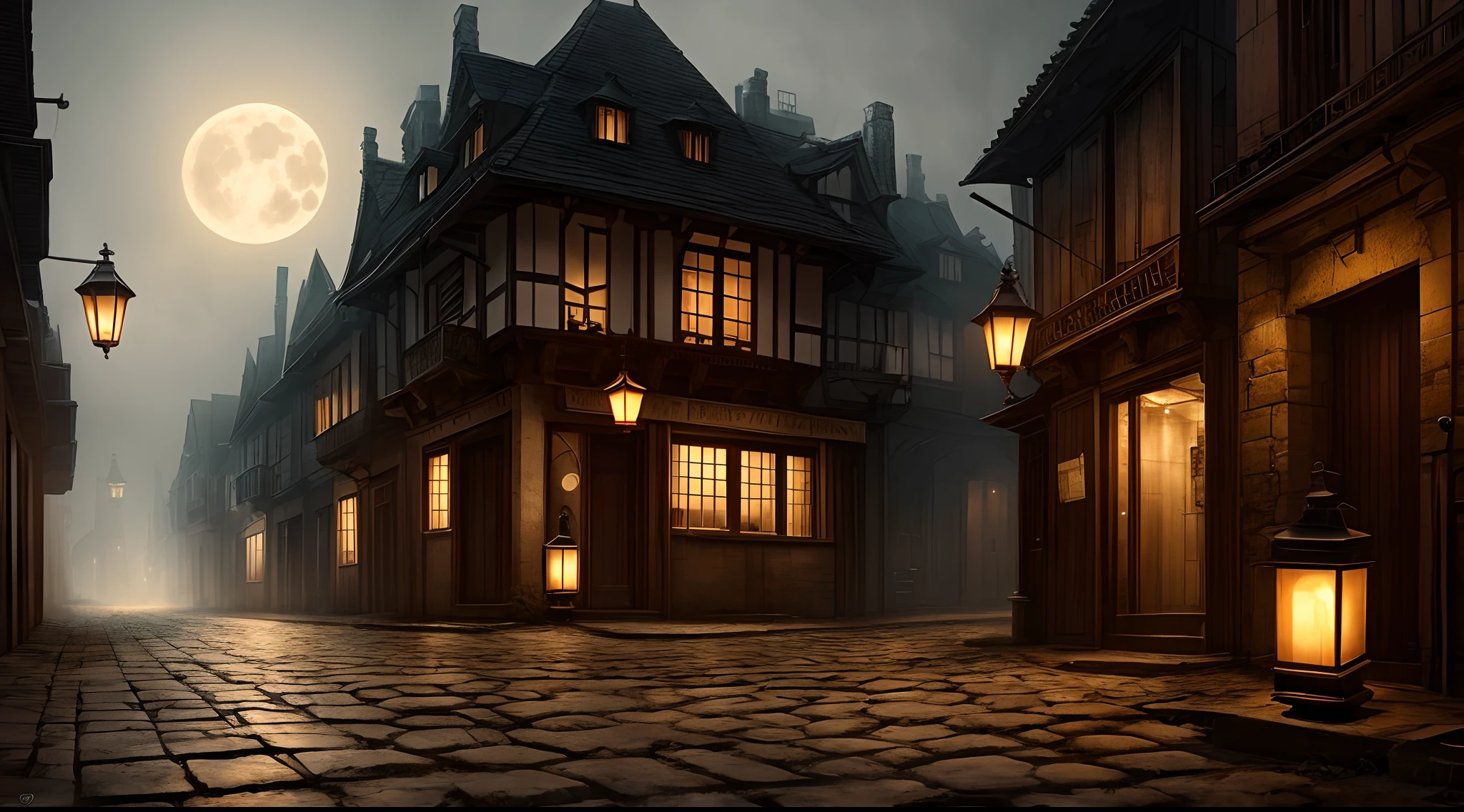 Dark empty street, dim ancient lanterns, stone pavement, rough brick black buildings, A dim whitish ghost glides above the ground along the street, gloomy atmosphere, the night, mist, Cold dim moon, Minimum vegetation, artstyle, Elaborate details, Grain