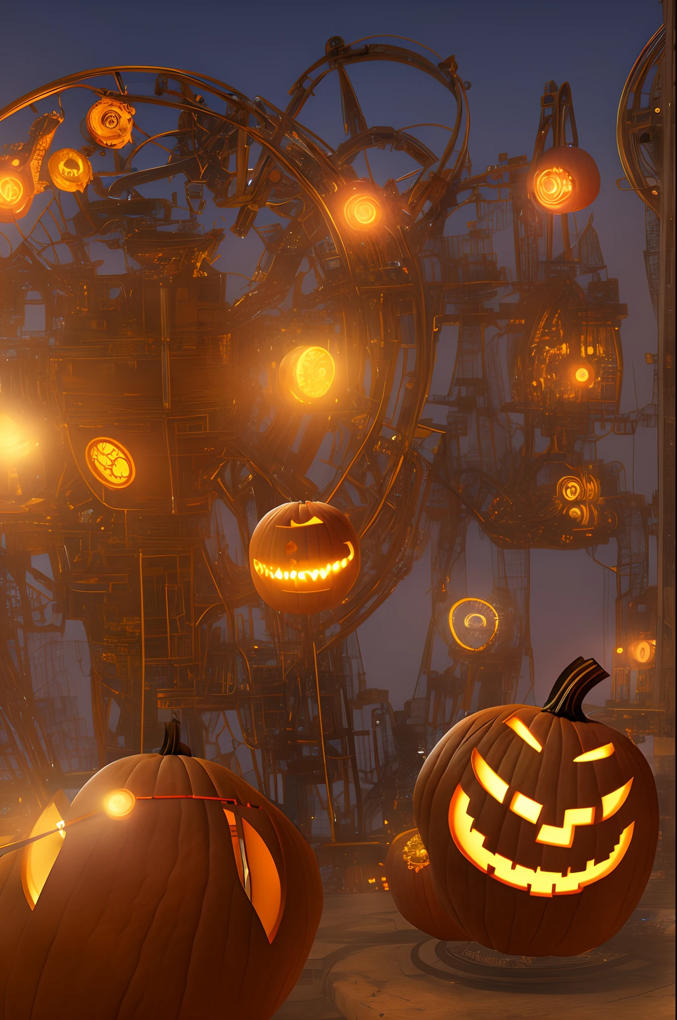 A Clockwork Pumpkin Lantern、Steampunk lab with complex machinery、The background is a night city without people、Aerial perspective、thirds rule