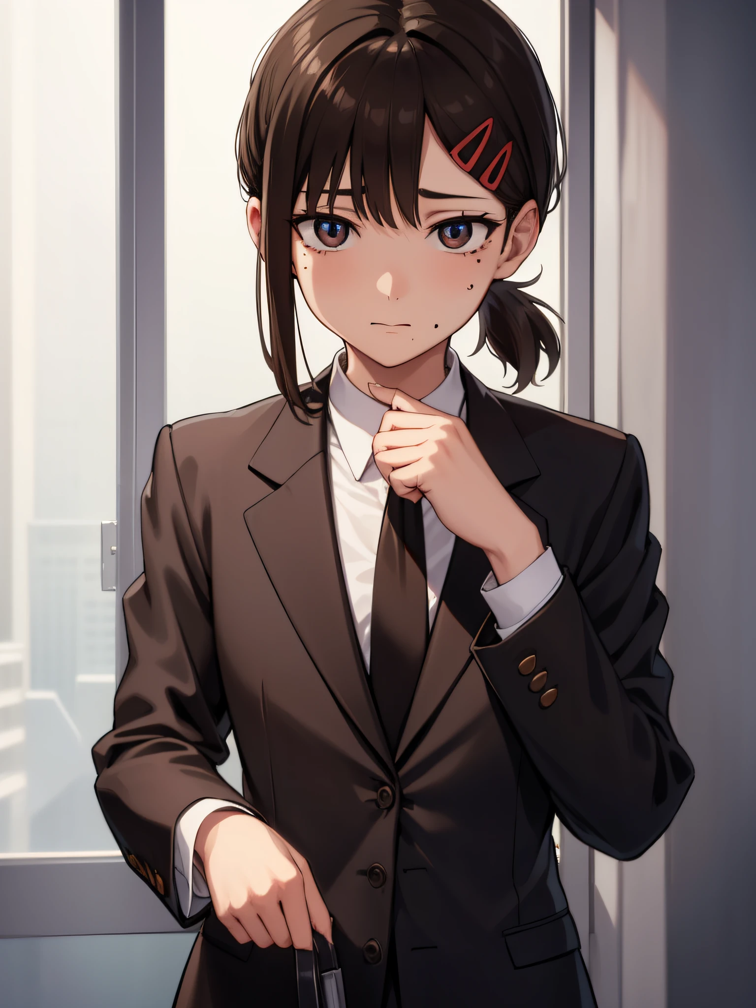 kobenihigashiyama, kobeni higashiyama, black hair, hair ornament, hairclip, mole, mole under eye, ponytail, short hair, (brown eyes:1.5), BREAK black necktie, black pants, business suit, black blazer, formal, long sleeves, necktie, pants, suit, BREAK looking at viewer, BREAK indoors, classroom,, medium breast, medium boobs, cowboy shot BREAK (masterpiece:1.2), best quality, high resolution, unity 8k wallpaper, (illustration:0.8), (beautiful detailed eyes:1.6), extremely detailed face, perfect lighting, extremely detailed CG, (perfect hands, perfect anatomy),