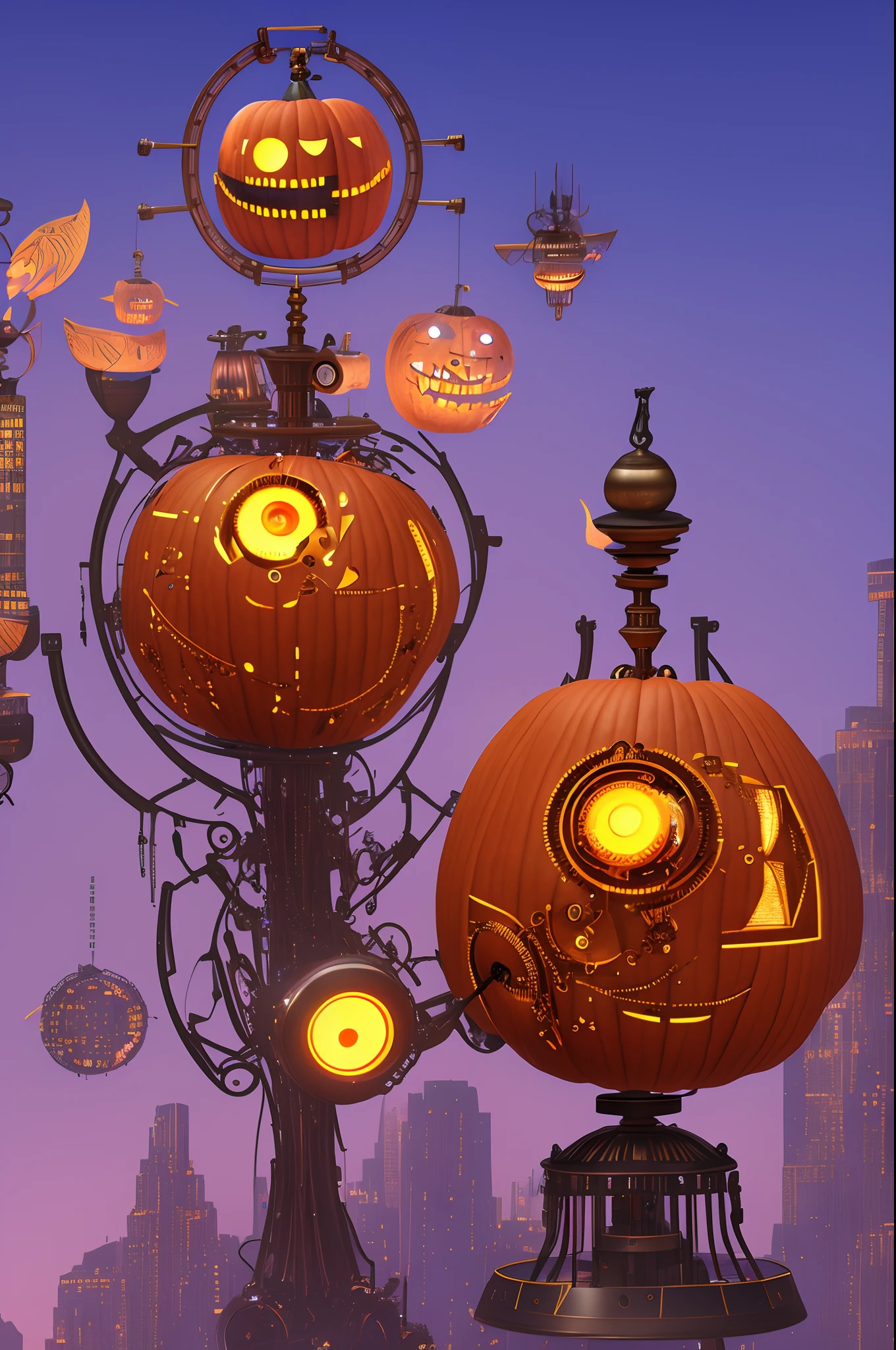 A Clockwork Pumpkin Lantern、Steampunk lab with complex machinery、The background is a night city without people、Aerial perspective、thirds rule