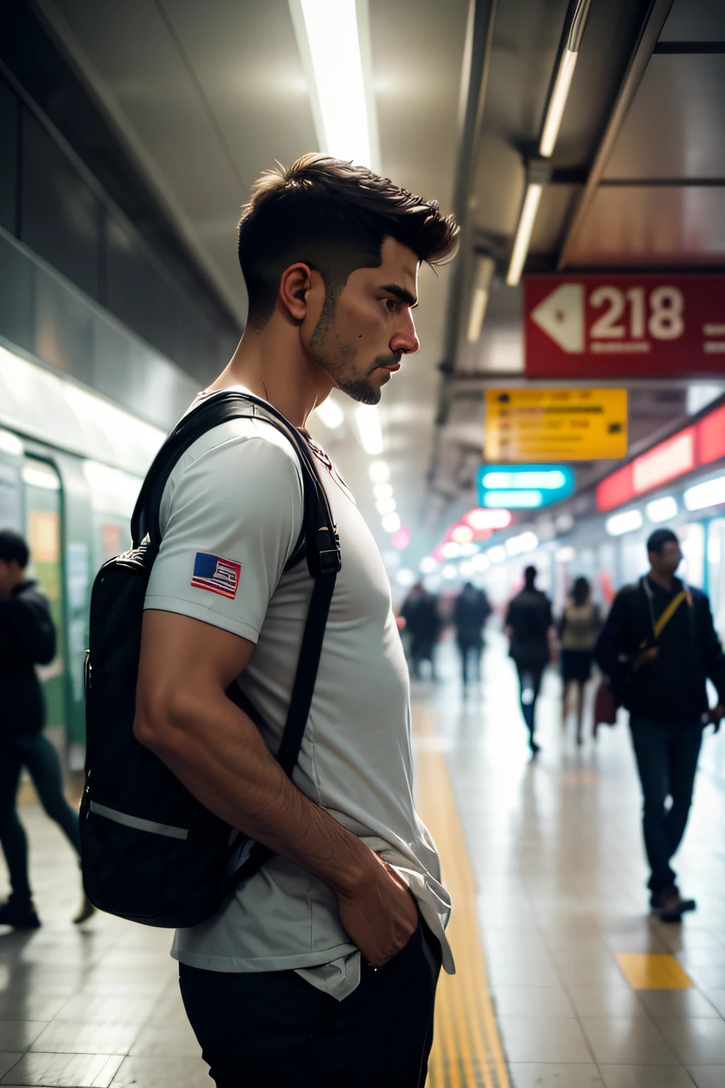 Side view of man standing at subway station in Sao Paulo