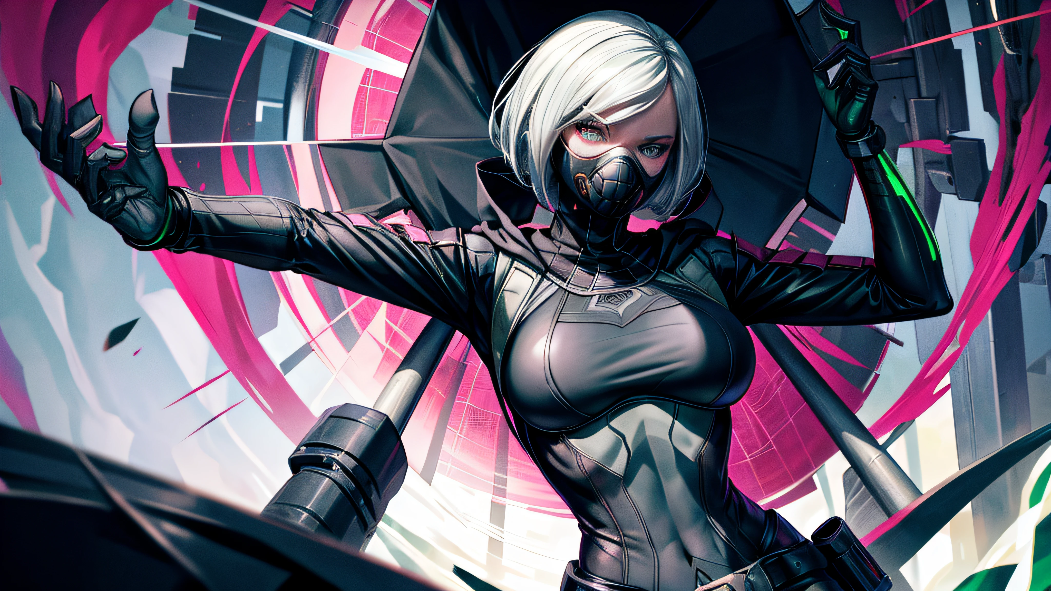 Spidergwen wearing gasmask alone , gasmask , wears huge black coat , black bra , Proud pose , no hoodie , white hair , white eyes , masterpiece