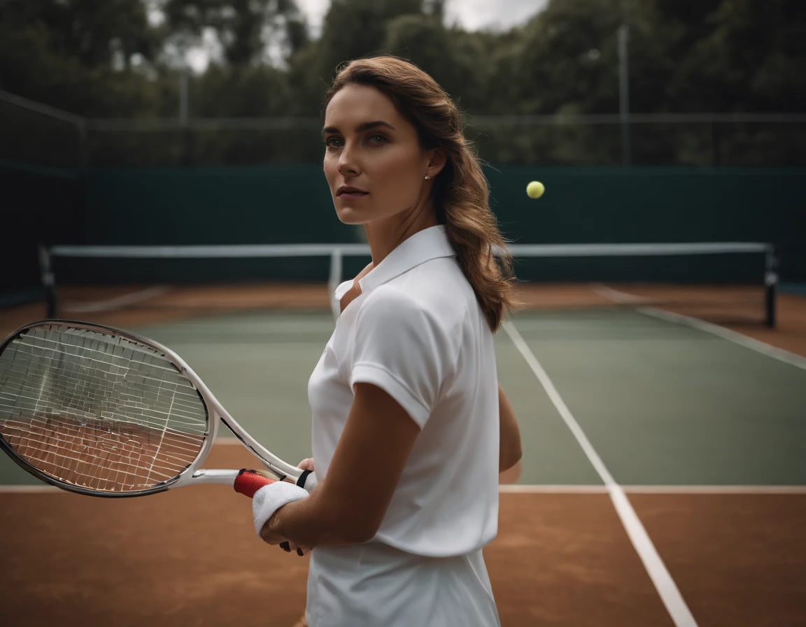 Create an image featuring a person in the foreground, back turned, wearing a white shirt. In the background, depict a woman holding a tennis racket on a tennis court in the midst of a game. The composition should emphasize the contrast between the person in the foreground and the dynamic action on the court, capturing the essence of a tennis match.